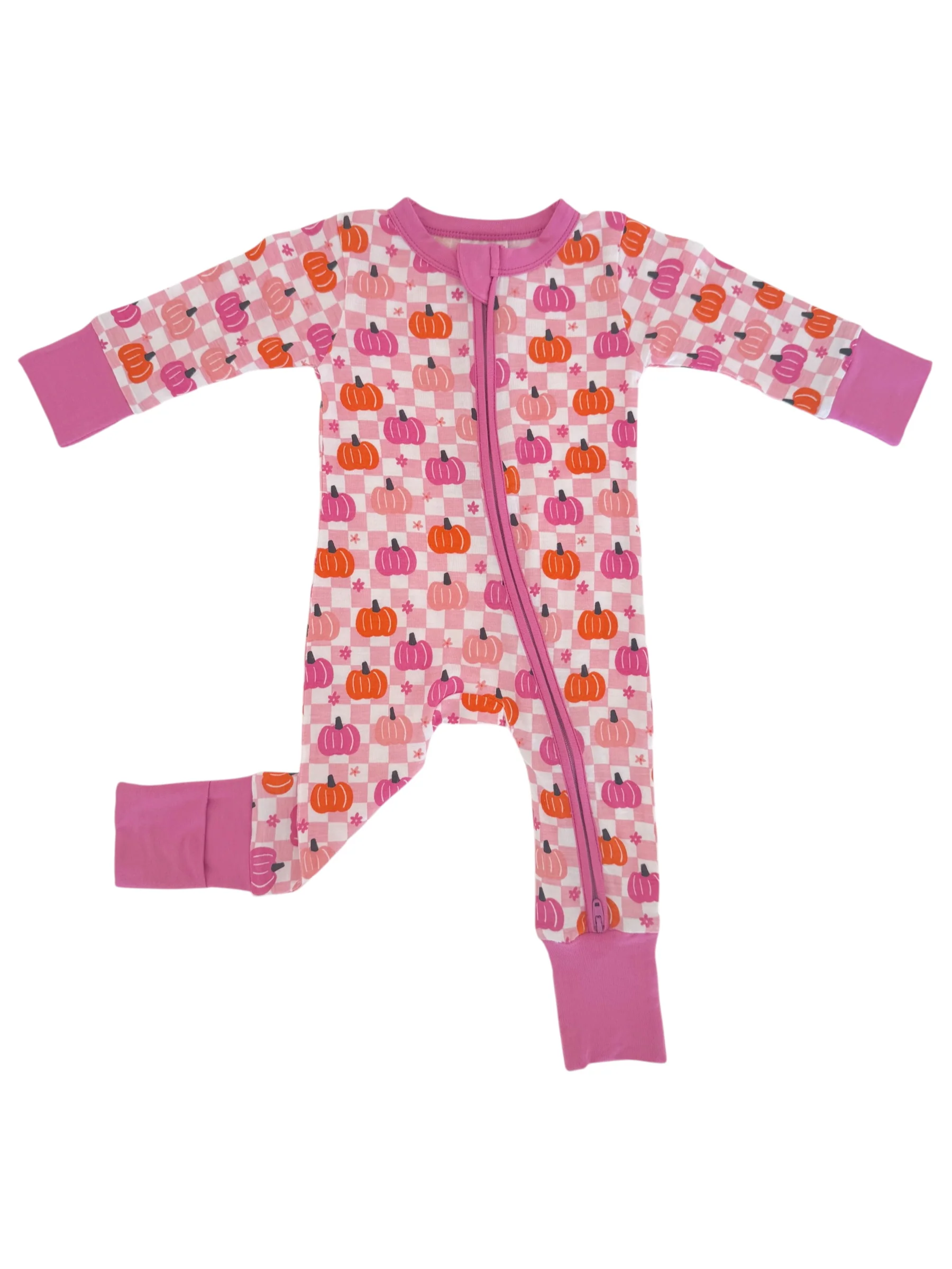 2-Way Convertible Zip Romper, Pumpkin Checkerboard Pink - Image 2