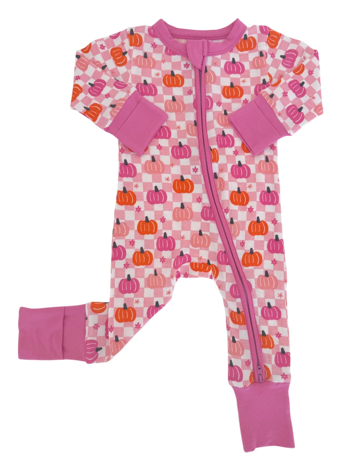 2-Way Convertible Zip Romper, Pumpkin Checkerboard Pink - Image 3