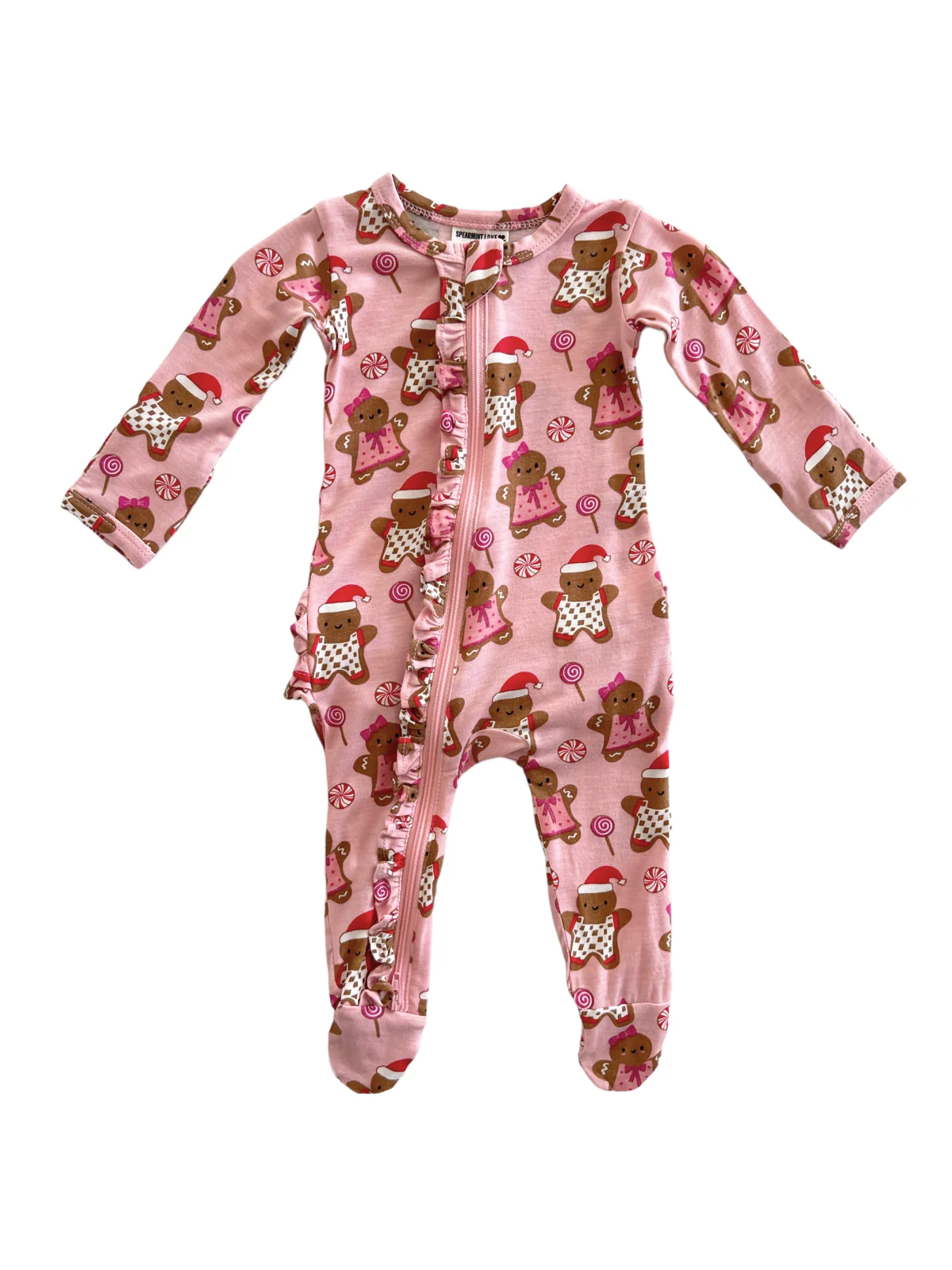 2-Way Ruffle Zip Footie, Gingerbread Friends Pink - Image 3
