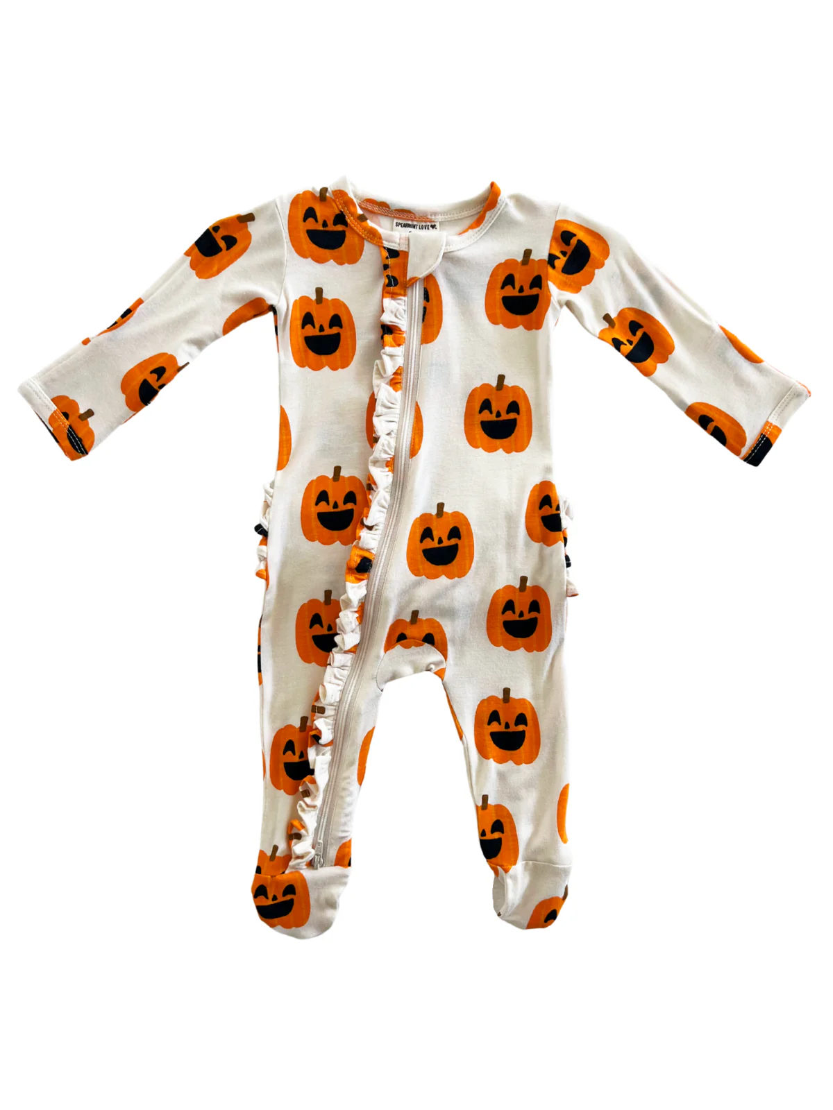 2-Way Ruffle Zip Footie, Jack-O-Lantern - Image 4