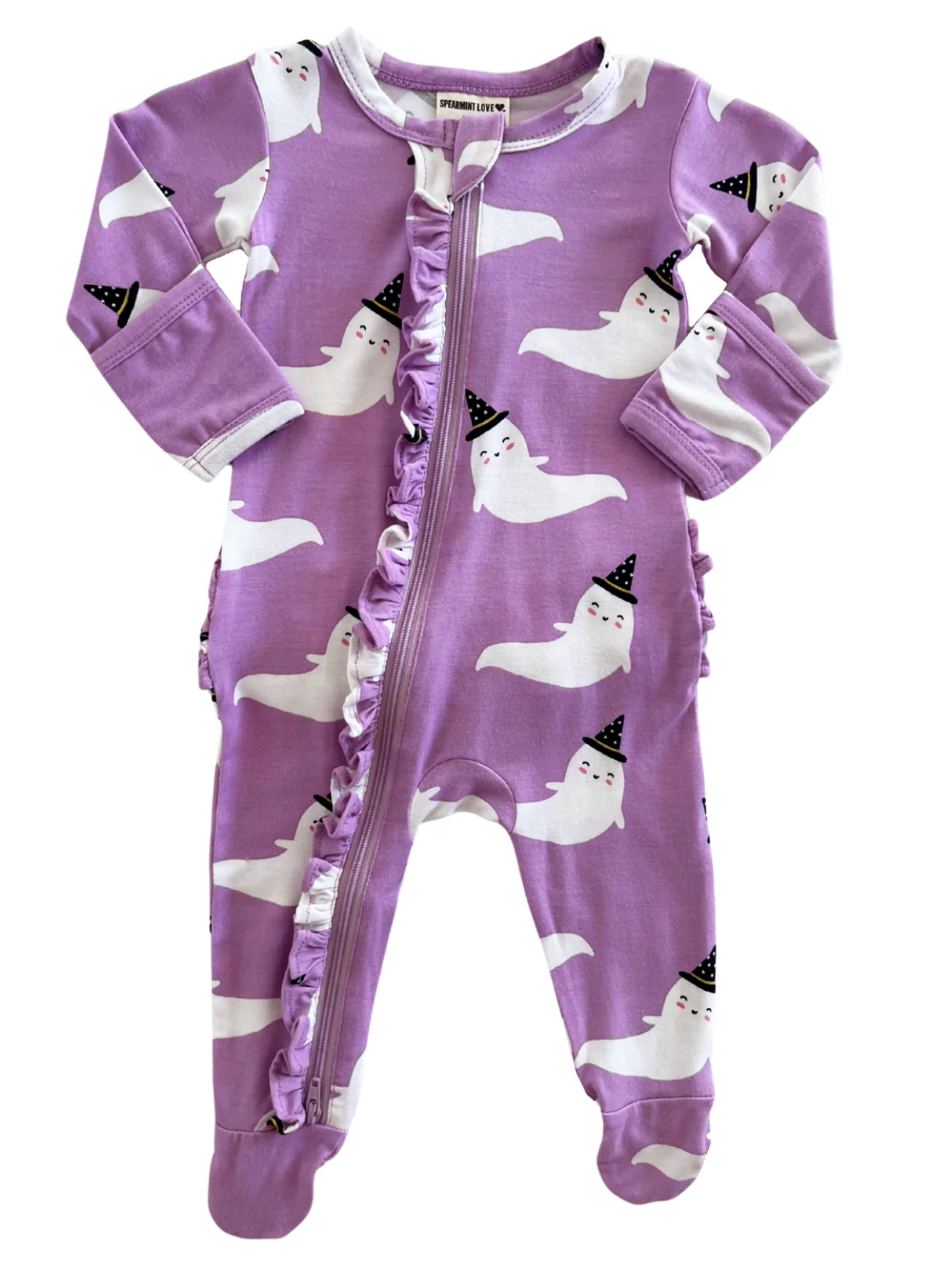 2-Way Ruffle Zip Footie, Purple Ghost - Image 2