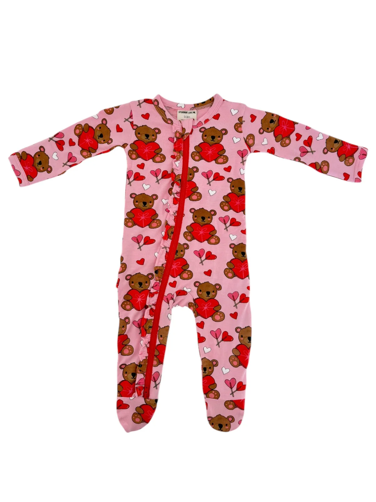 2-Way Ruffle Zip Footie, Valentine Bear Pink - Image 4