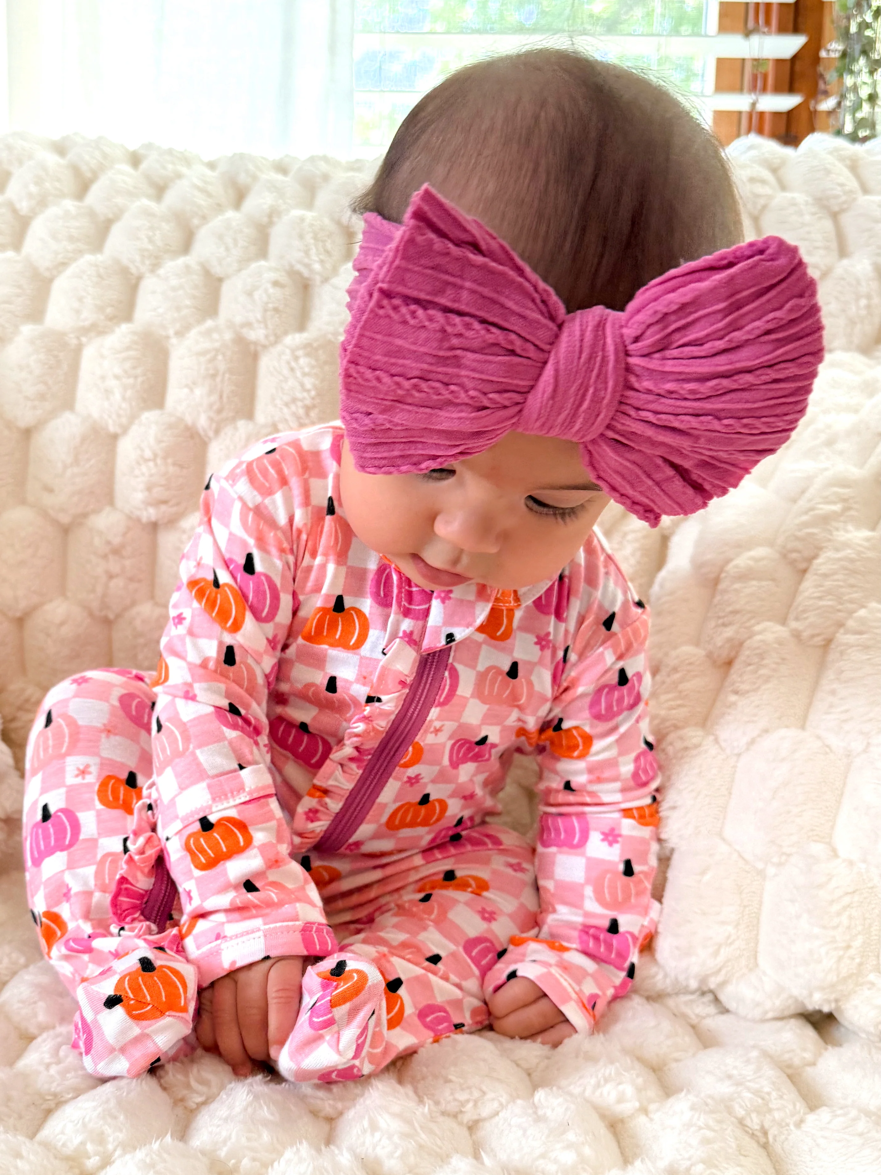 2-Way Zip Ruffle Footie, Pumpkin Checkerboard Pink - Image 2