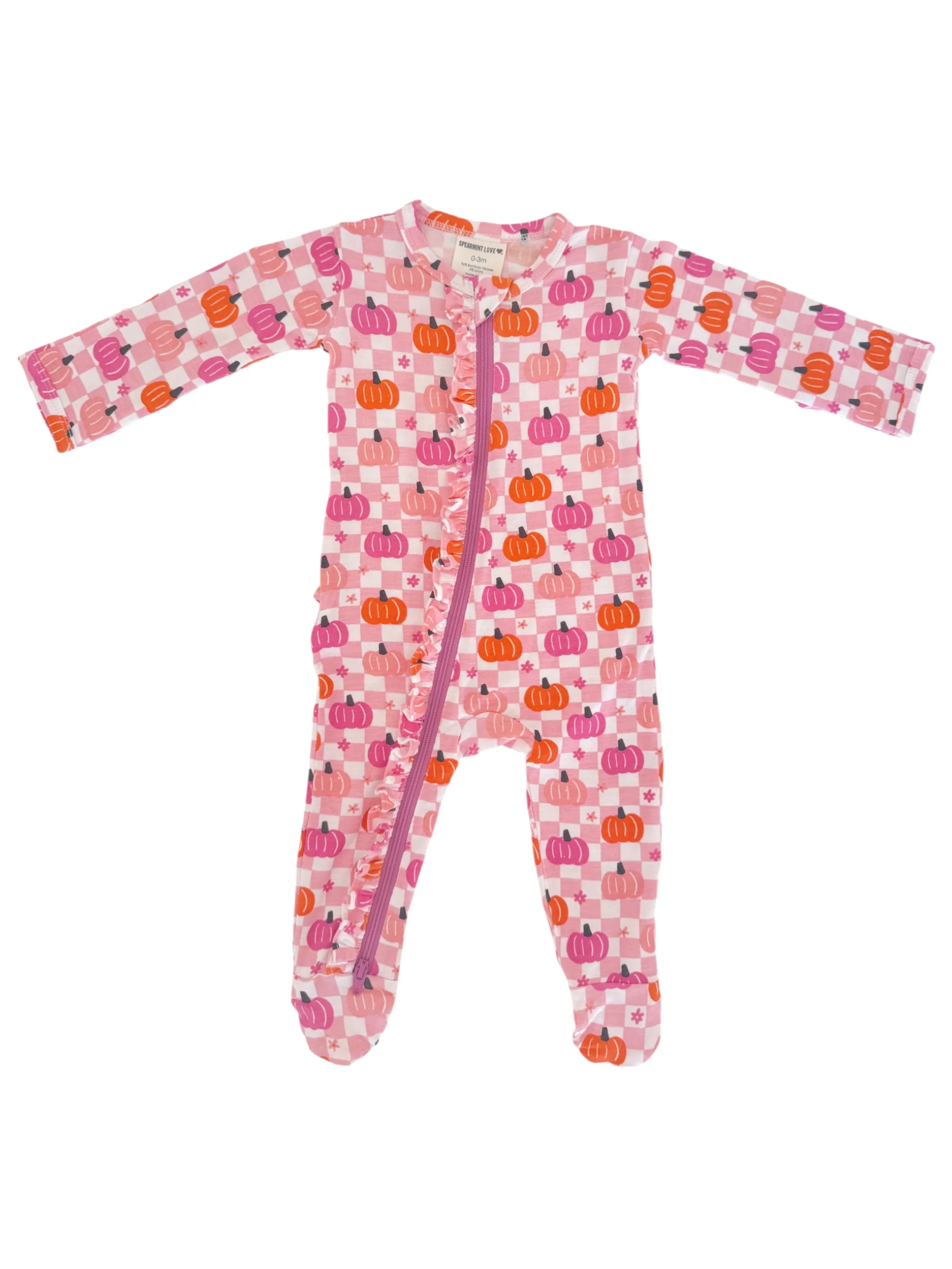2-Way Zip Ruffle Footie, Pumpkin Checkerboard Pink - Image 4