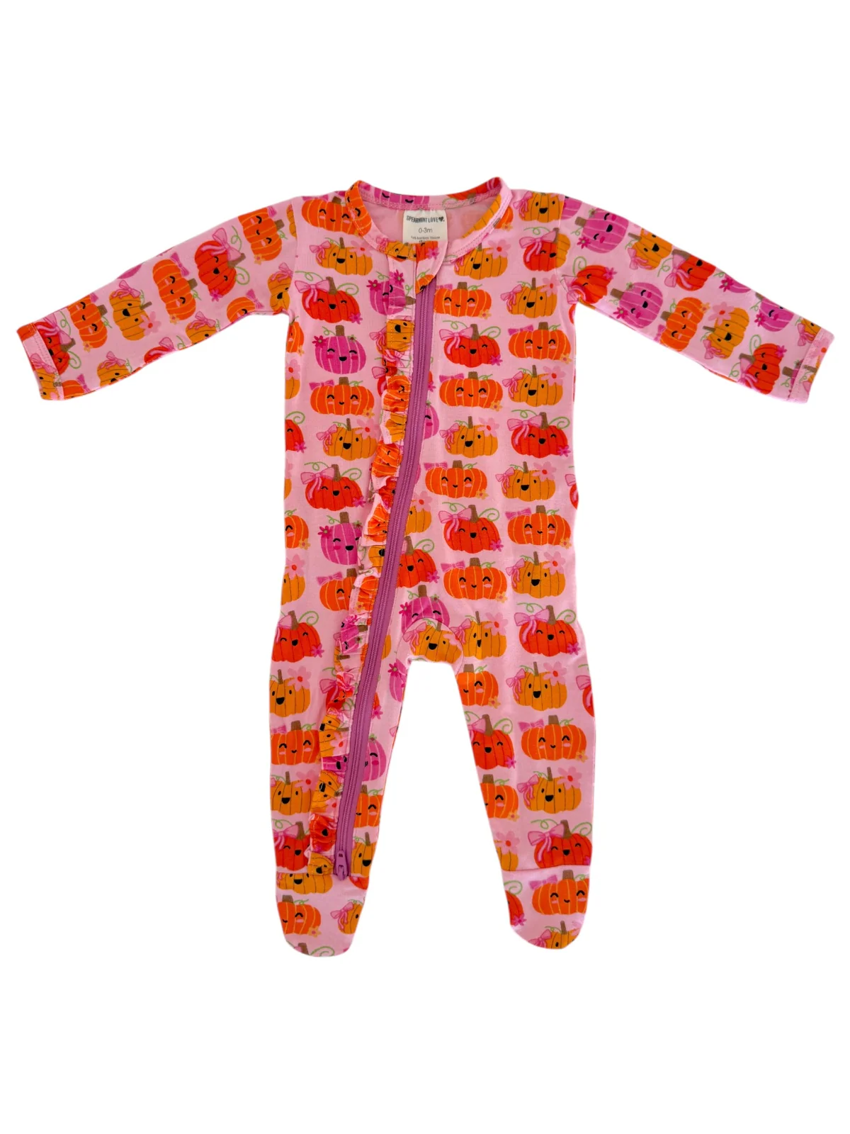2-Way Zip Ruffle Footie, Pumpkin Girlies - Image 3
