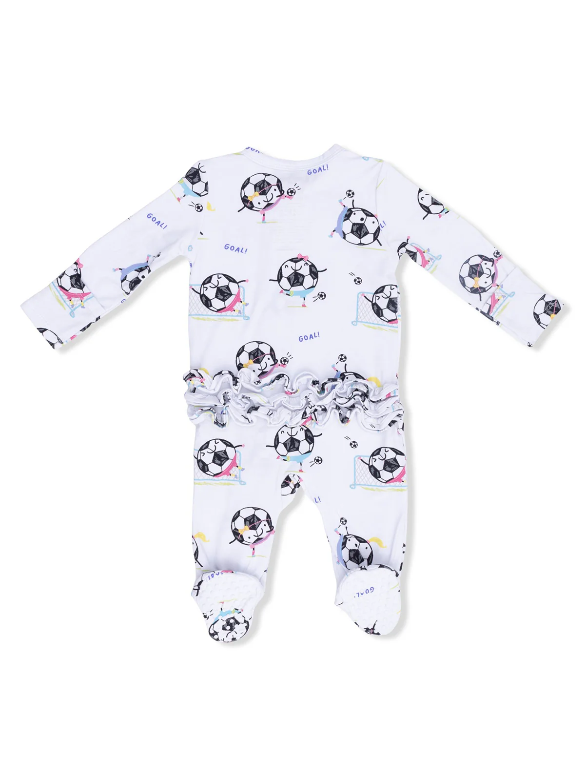 2-Way Zip Ruffle Footie, Soccer Balls Playing Soccer Pink - Image 2