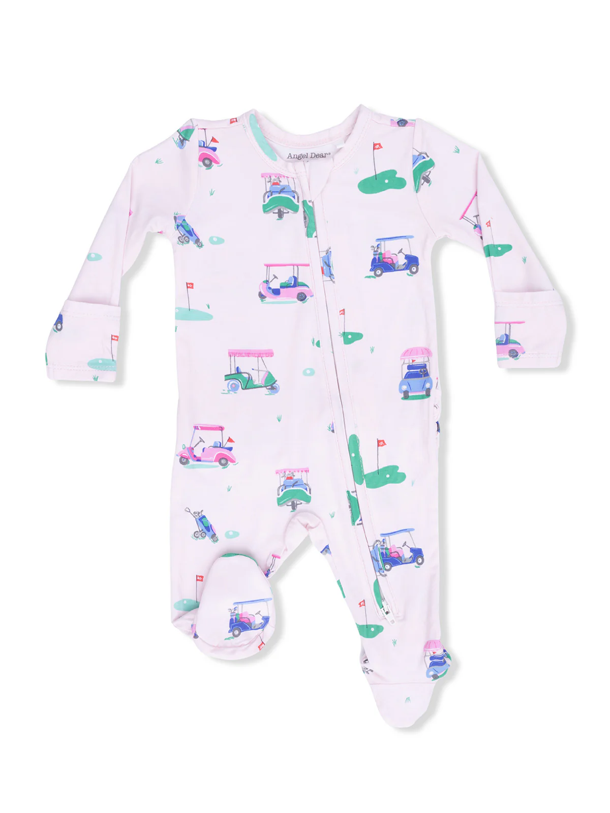 2-Way Zip Ruffle Footie, Vintage Golf Carts Pink