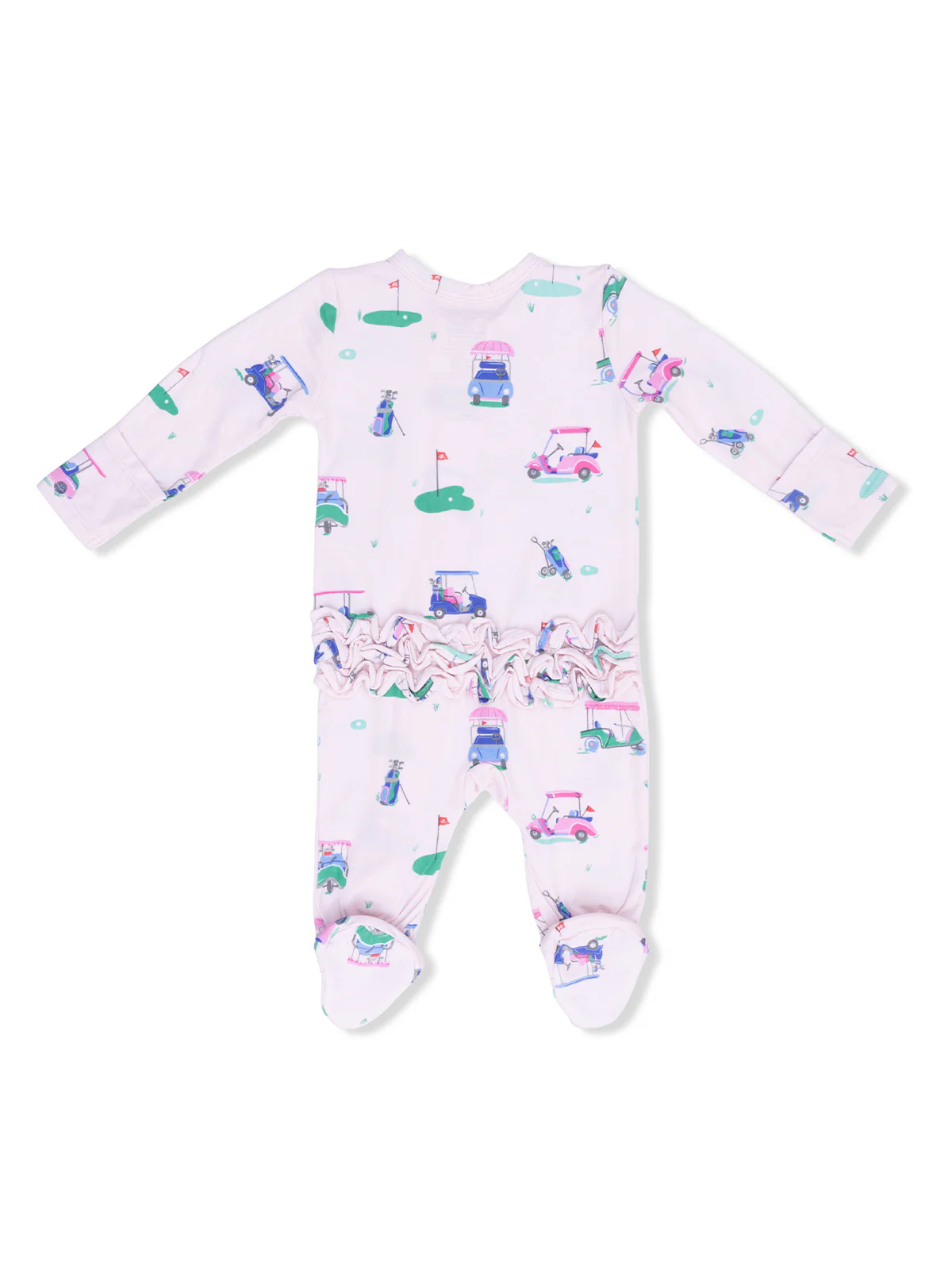 2-Way Zip Ruffle Footie, Vintage Golf Carts Pink - Image 3