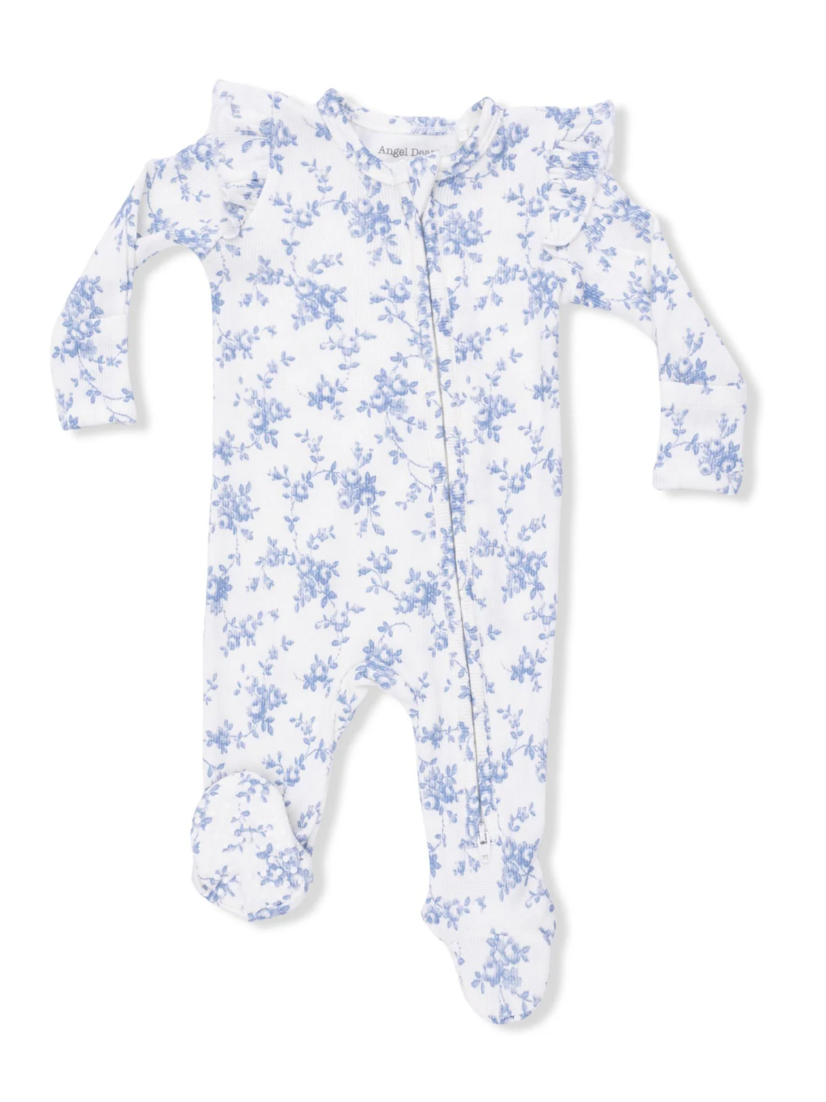 2-Way Zip Ruffle Sleeve Footie, Baby Blue Vines Floral