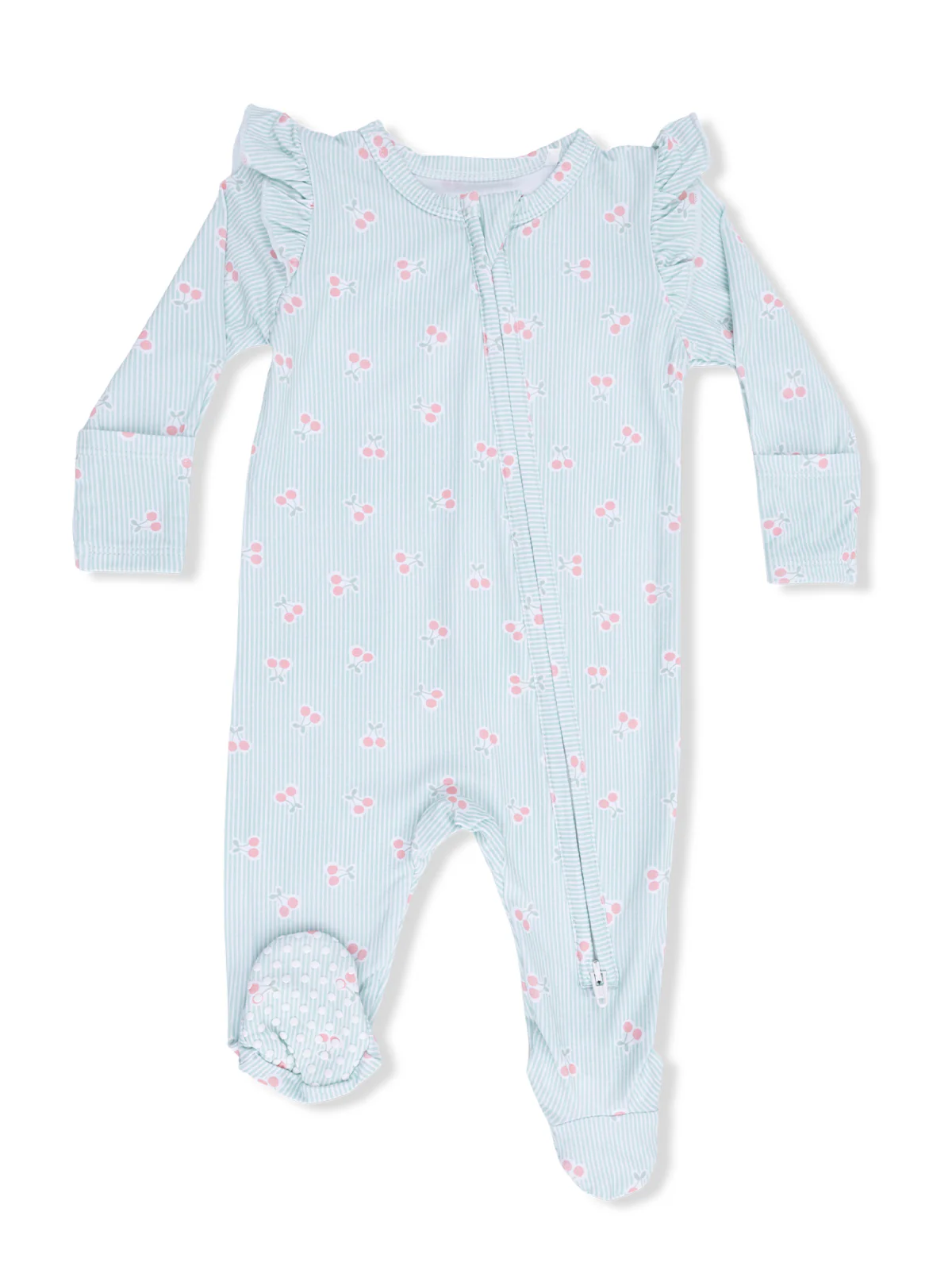 2-Way Zip Ruffle Sleeve Footie, Tiny Cherry Stripe