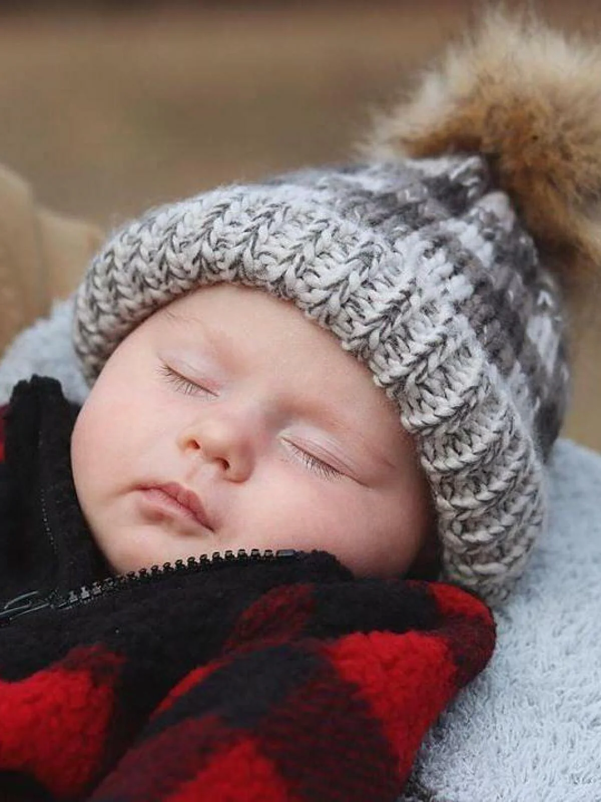 Buffalo Check Fur Pom Hat, Grey - Image 5