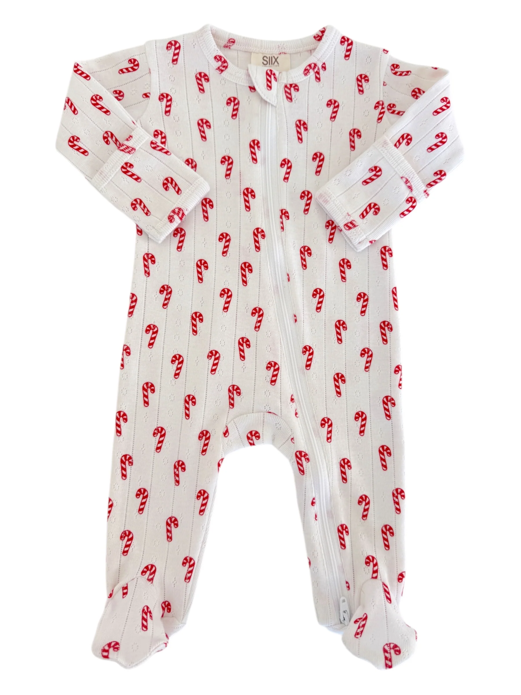 Candy Cane / Organic Pointelle 2-Way Zip Footie - Image 2