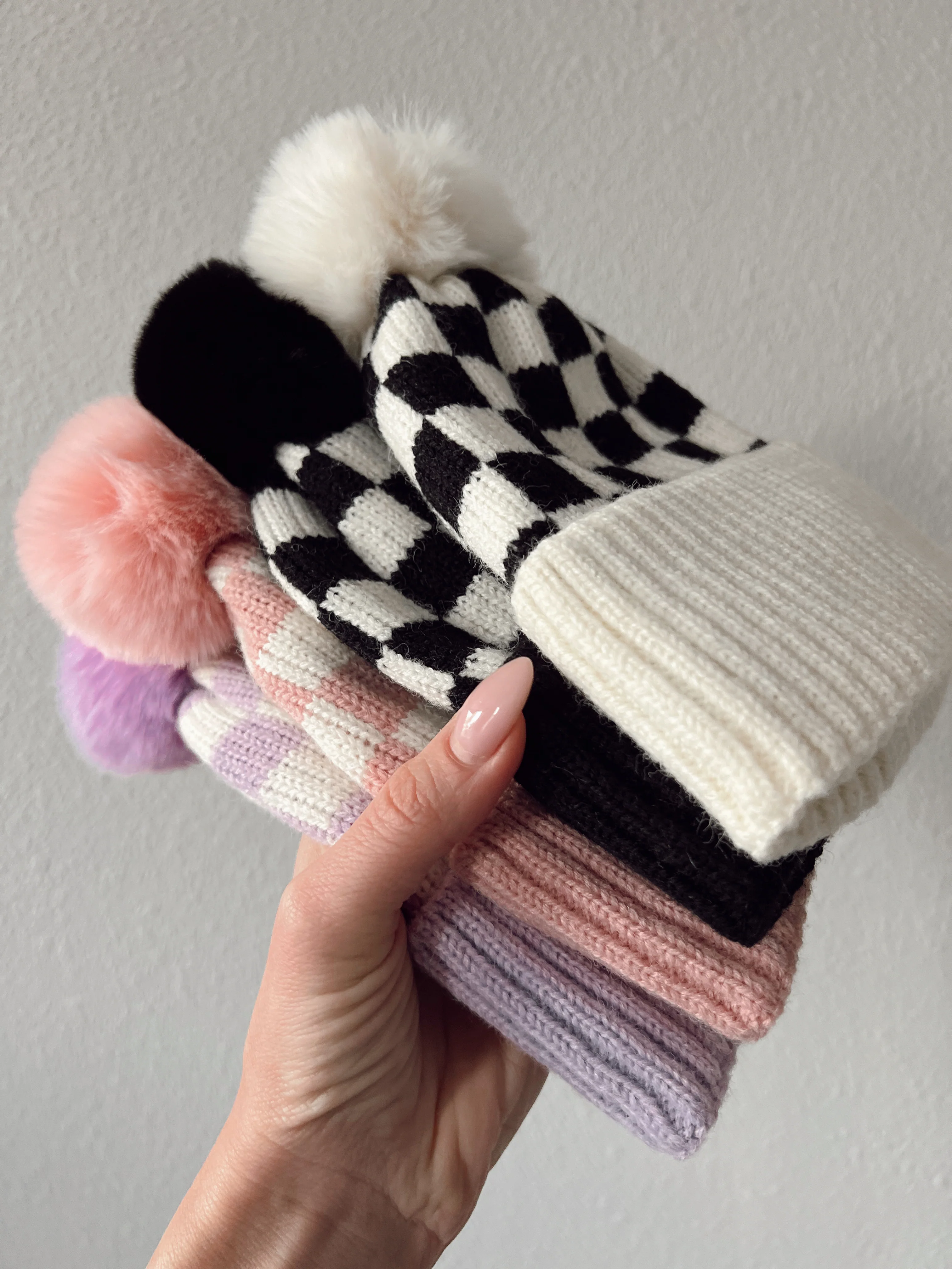 Checkerboard Fur Pom Hat, Cream - Image 3