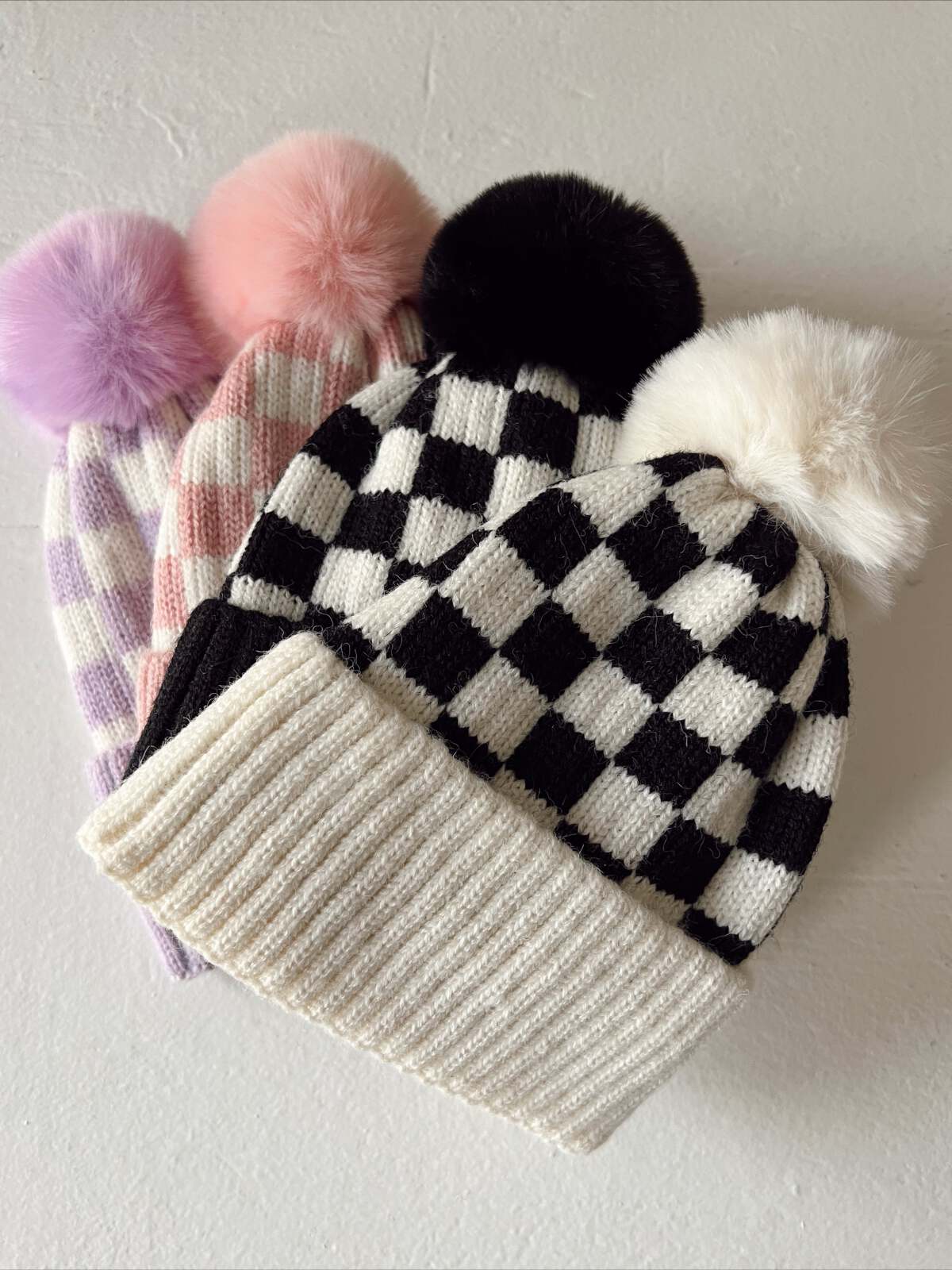 Checkerboard Fur Pom Hat, Cream - Image 5