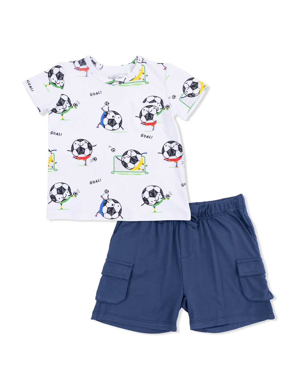Crew Neck Tee & Cargo Short Set, Soccer Balls Playing Soccer Blue