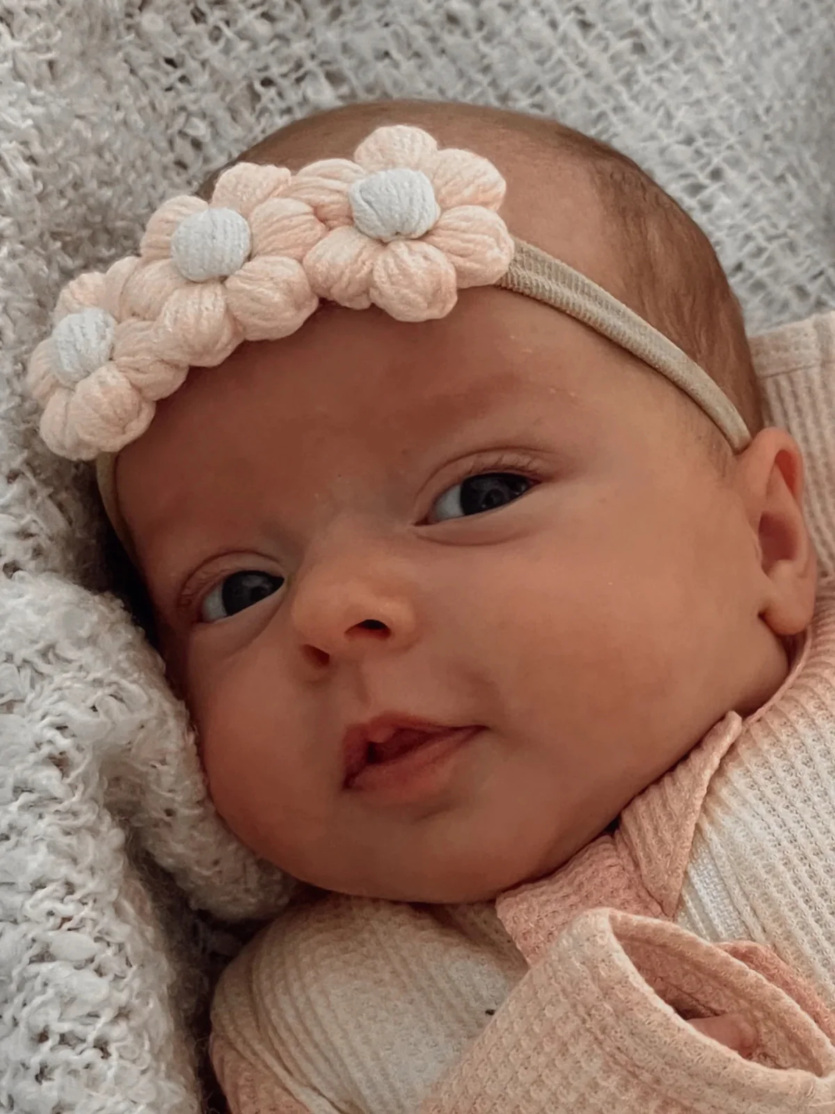 Crochet Flower Headband, Pink/Ivory - Image 3