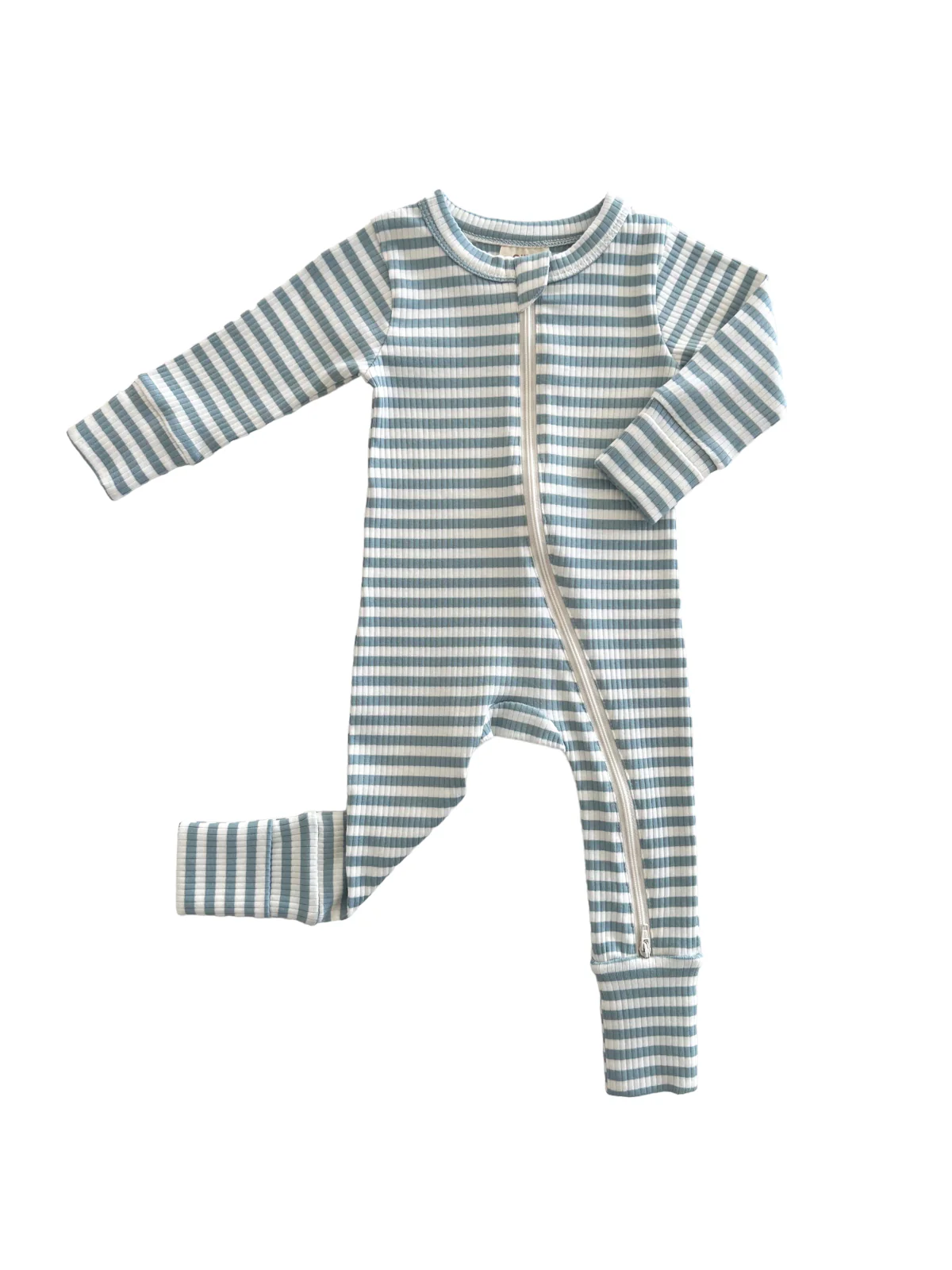 Dusty Blue Stripe / Organic Ribbed 2-Way Zip Romper - Image 3