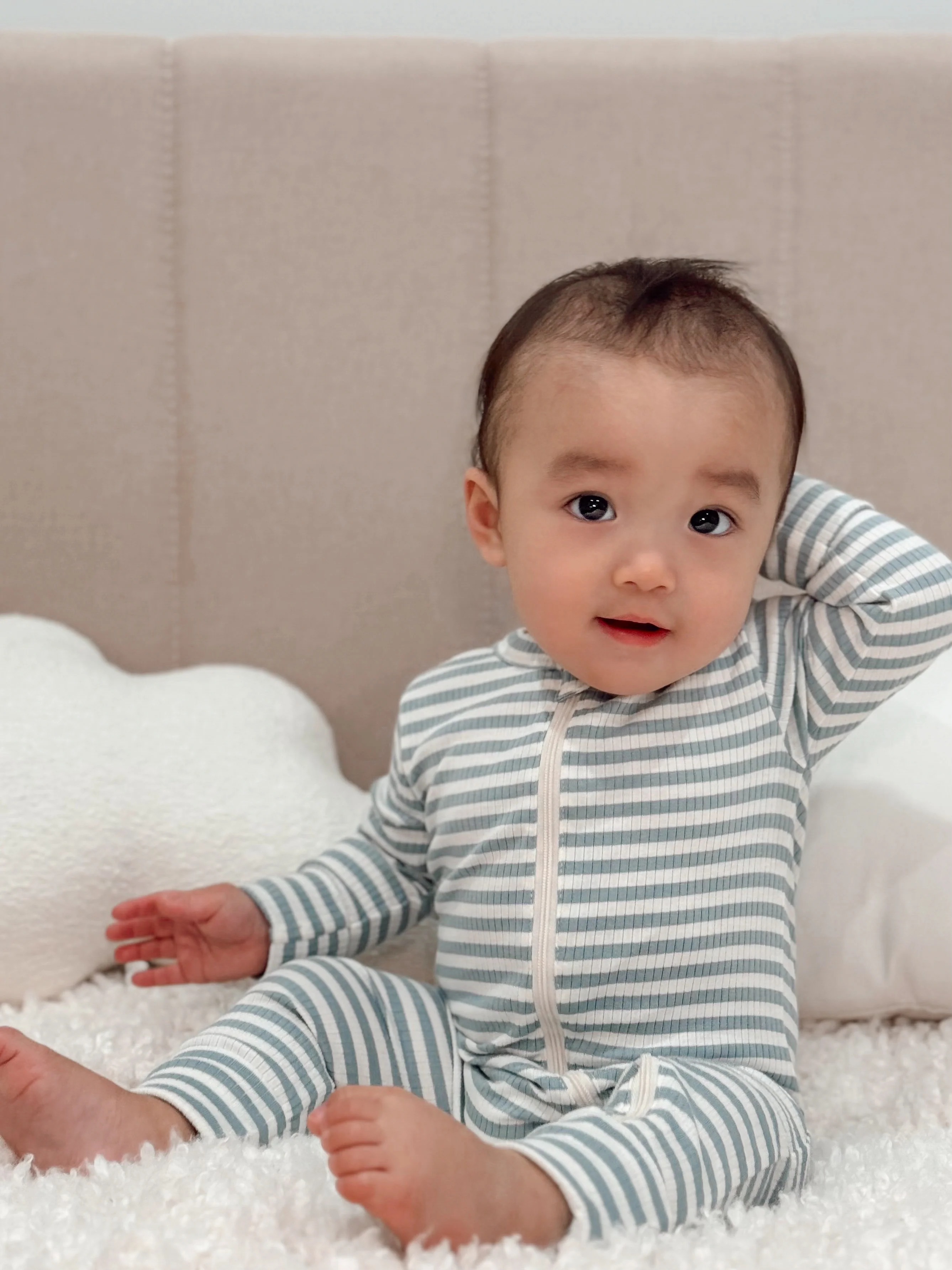 Dusty Blue Stripe / Organic Ribbed 2-Way Zip Romper - Image 4