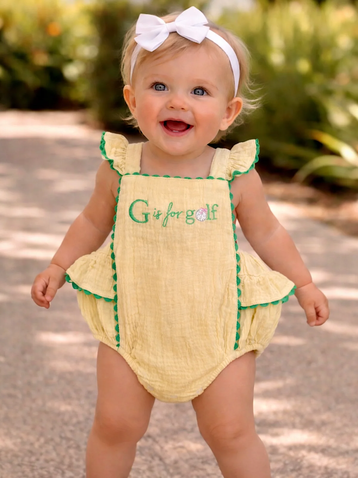 Embroidered Ric Rac Ruffle Sunsuit, G is for Golf