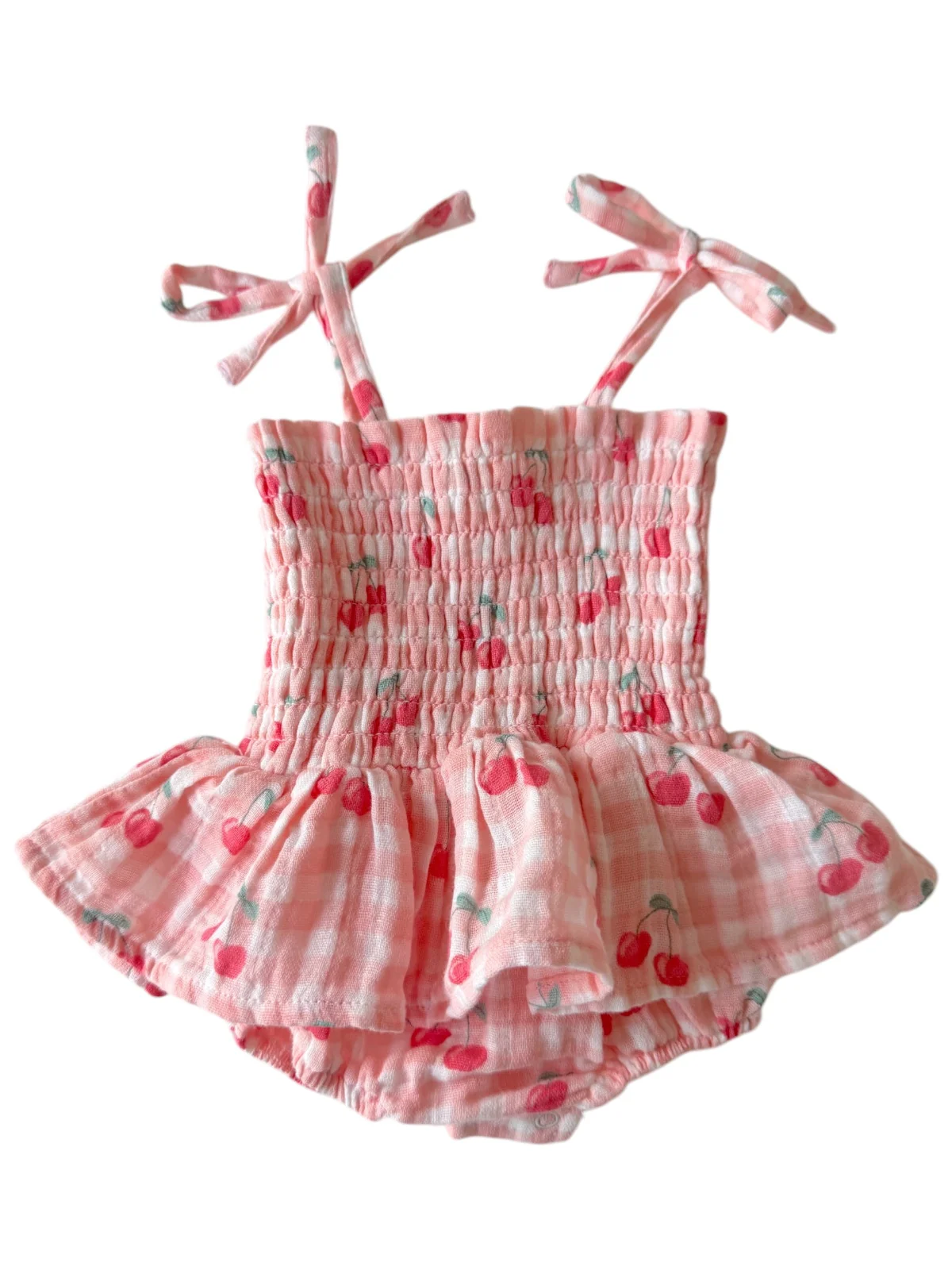Gingham Cherries / Muslin Smocked Bubble w/ Skirt - Image 2