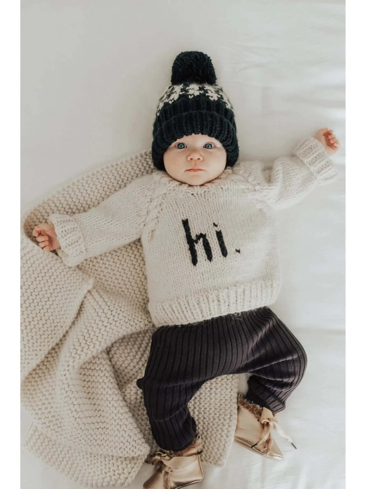Hi. Crew Neck Garter Stitch Sweater, Black on Natural - Image 4