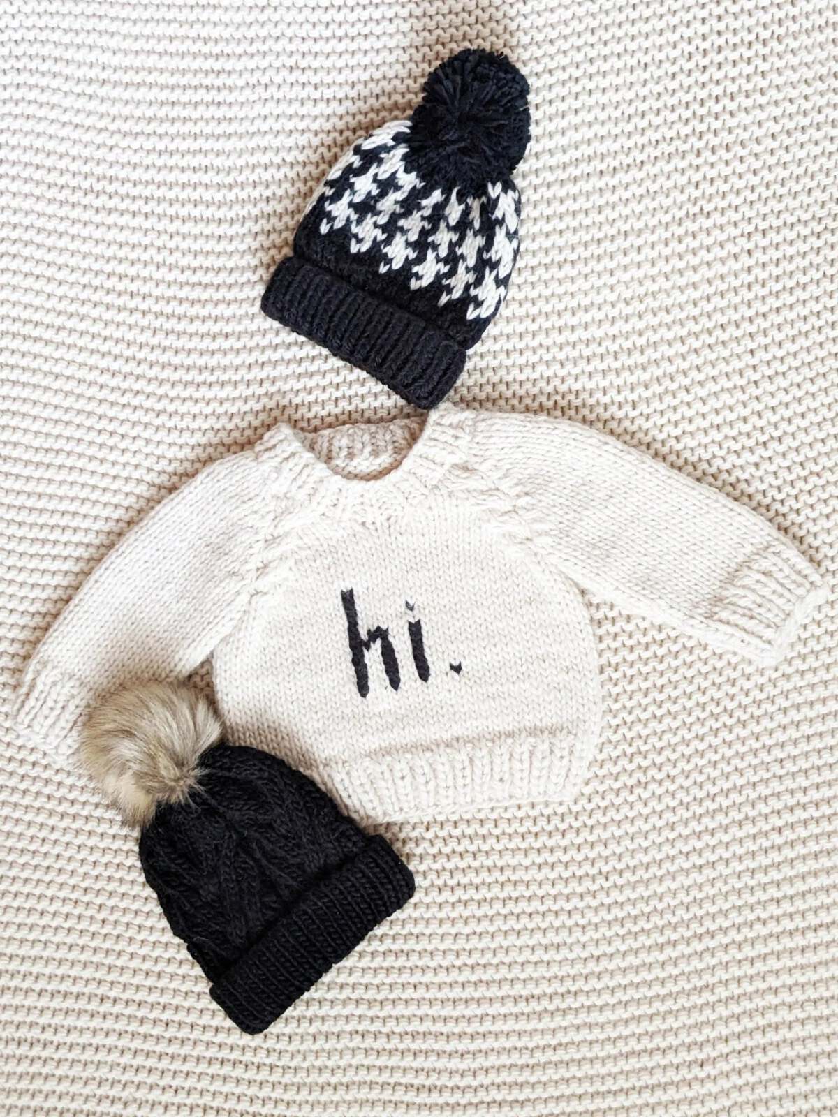 Hi. Crew Neck Garter Stitch Sweater, Black on Natural - Image 5
