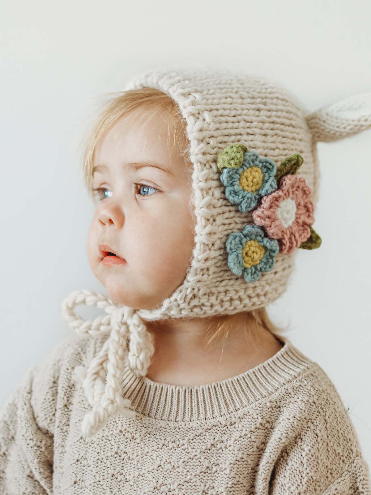 Knit Bunny Bonnet, Natural Flowers - Image 3