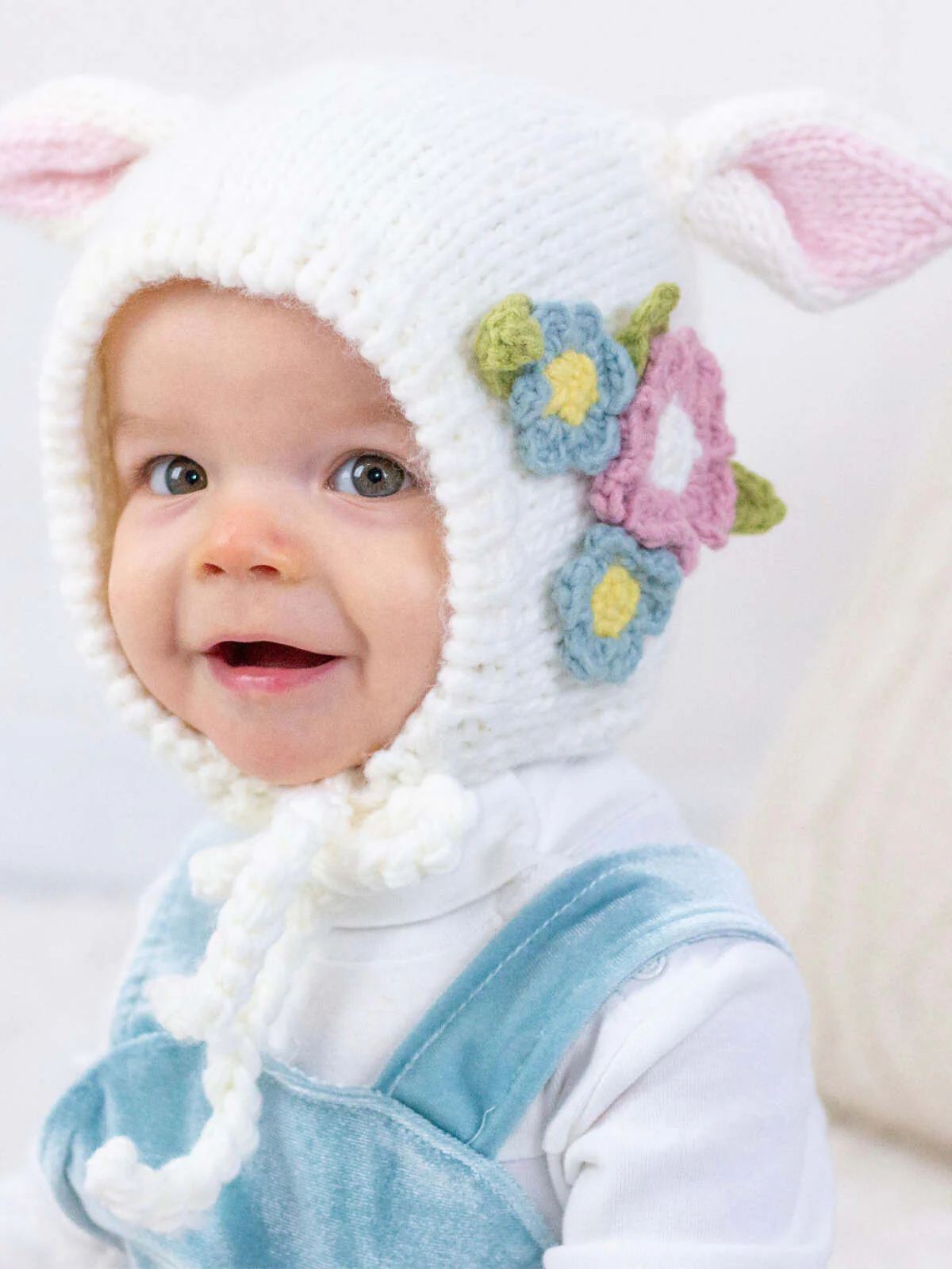 Knit Bunny Bonnet, White Flowers - Image 2