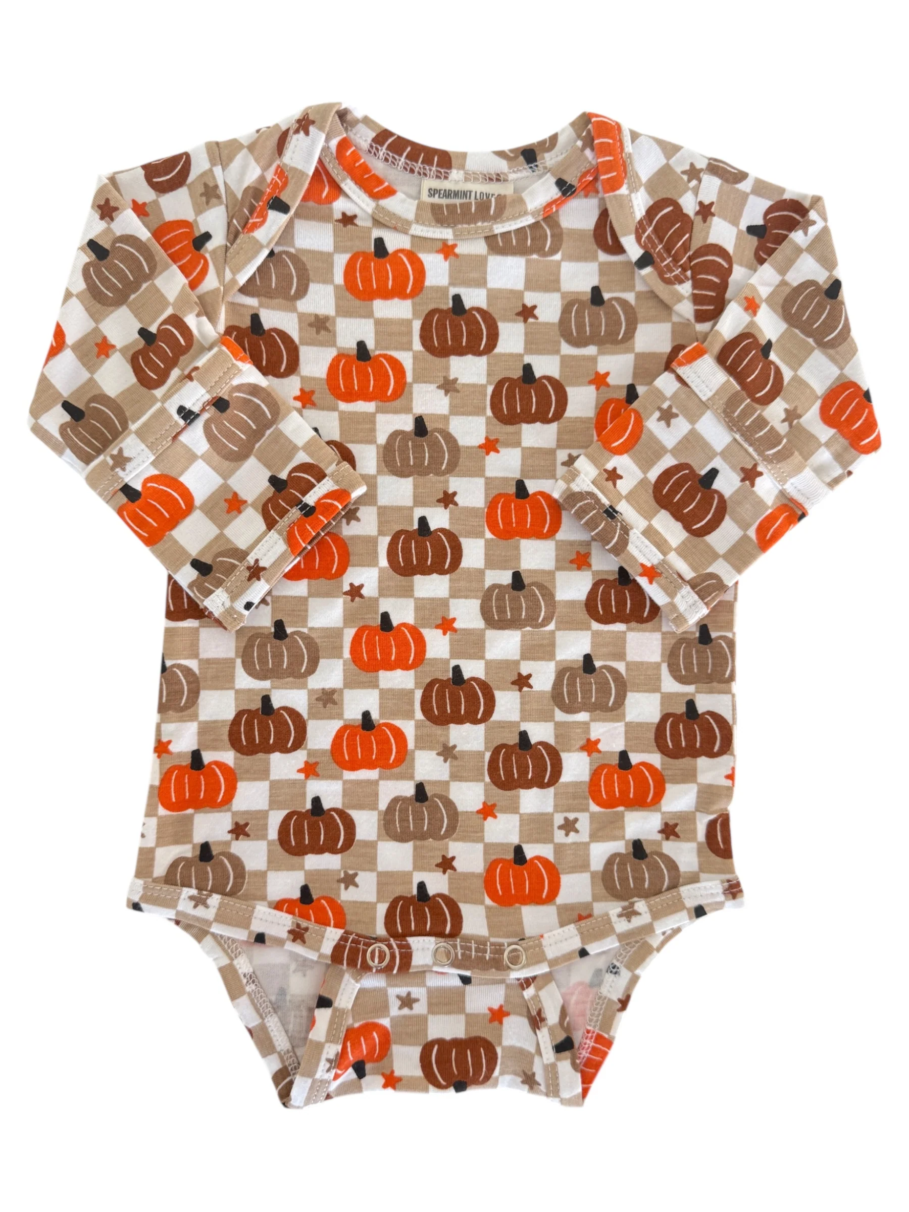 Long Sleeve Bodysuit, Pumpkin Checkerboard - Image 2