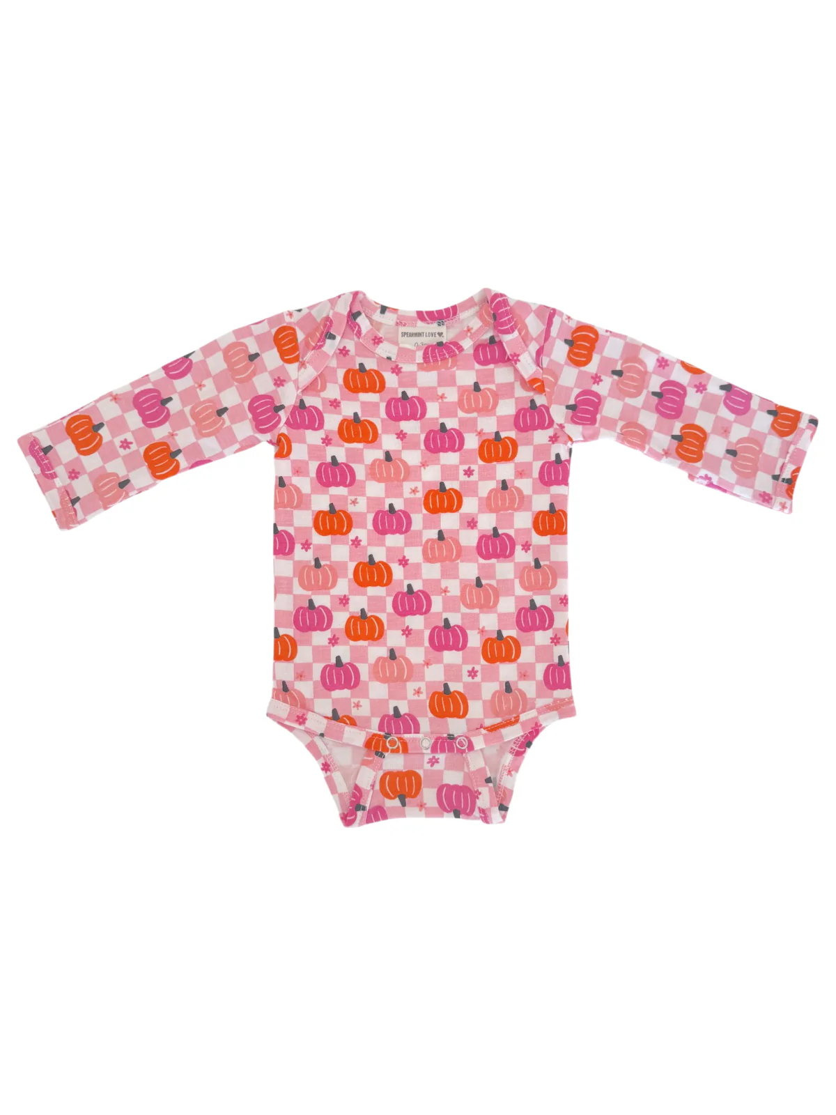 Long Sleeve Bodysuit, Pumpkin Checkerboard Pink - Image 2