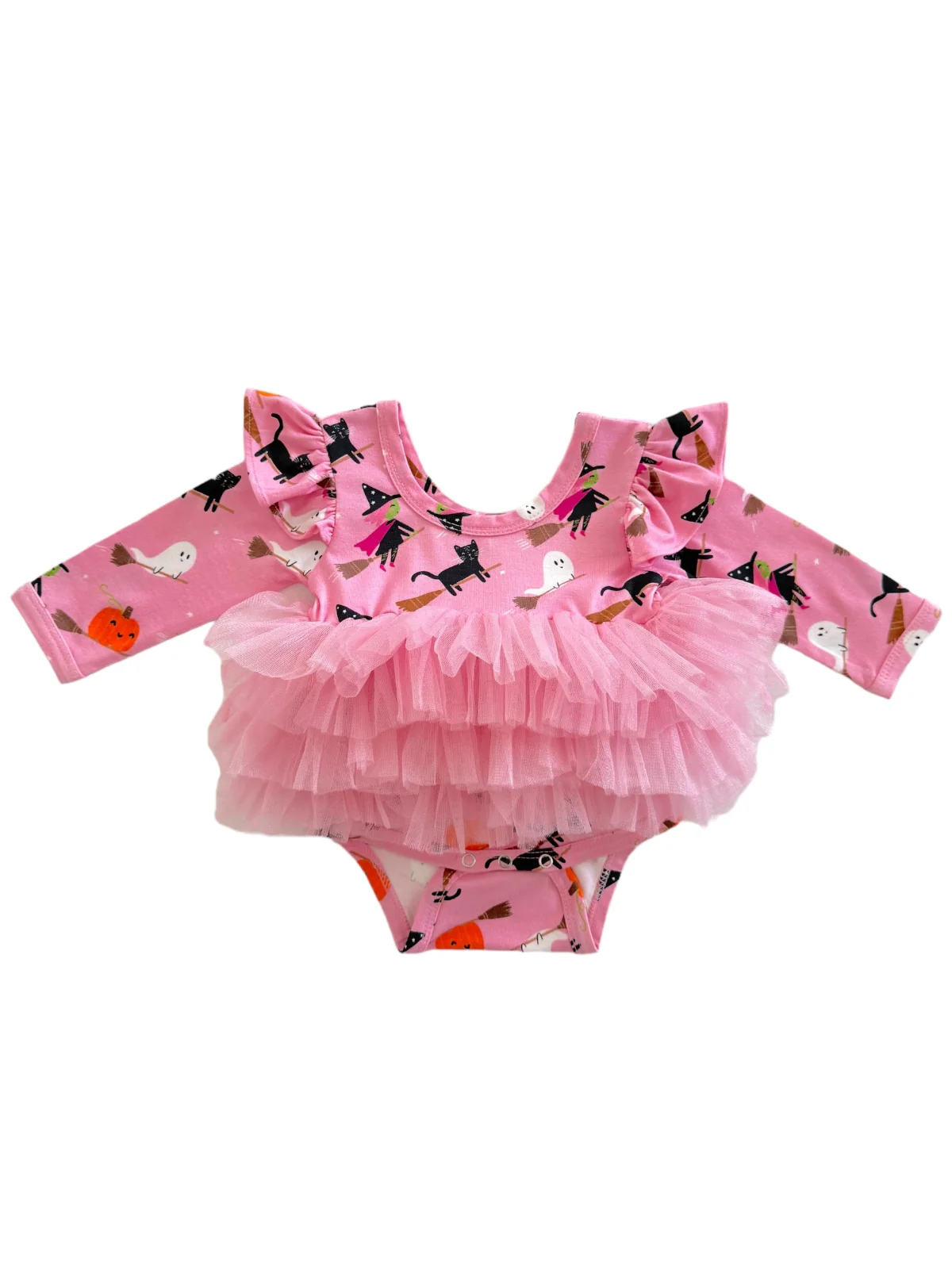Long Sleeve Tutu Bodysuit, Broomstick Friends Pink - Image 3