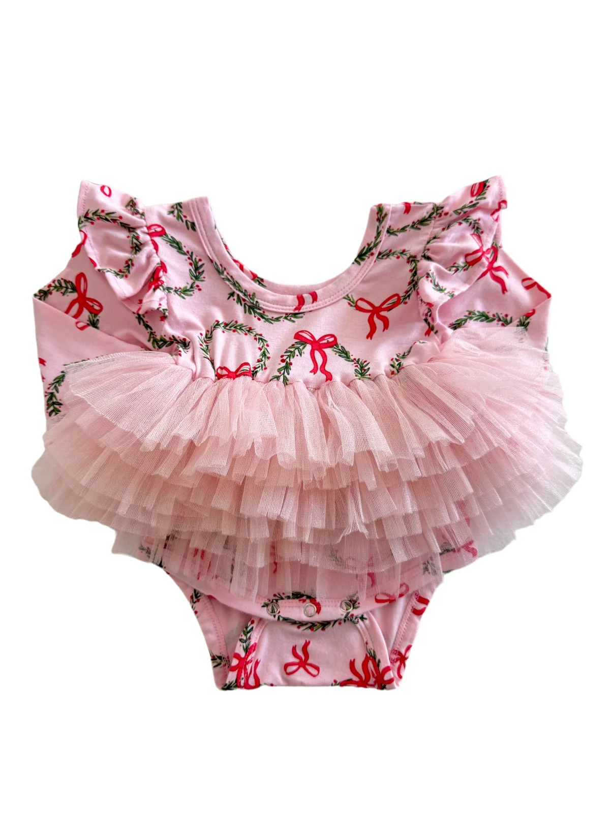 Long Sleeve Tutu Bodysuit, Wreath Pink - Image 2
