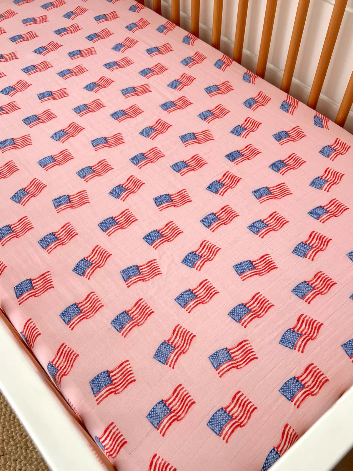 Muslin Crib Sheet, American Flag Pink - Image 3