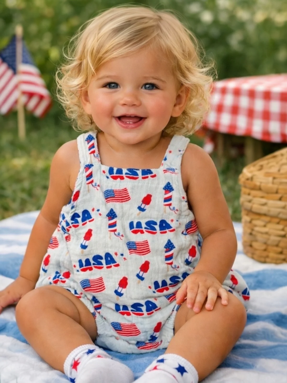 Muslin Retro Sunsuit, 4th of July Blue