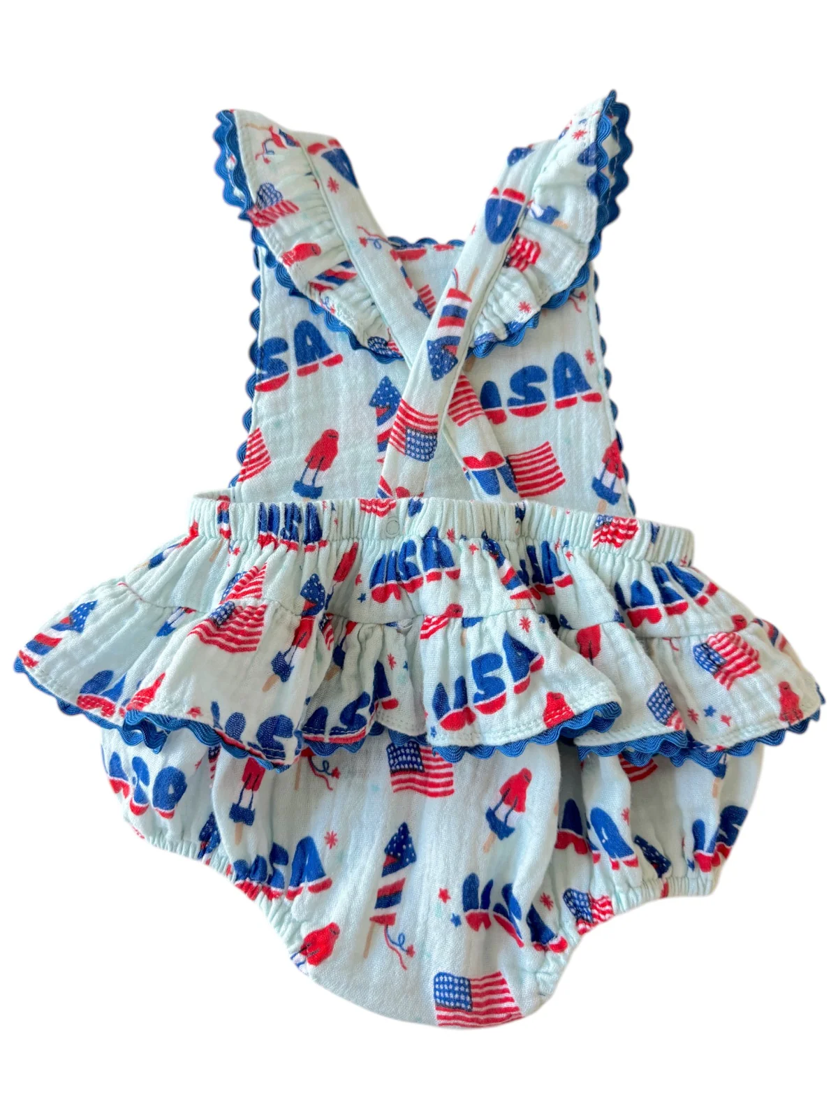 Muslin Ric-Rac Ruffle Sunsuit, 4th of July Blue - Image 3