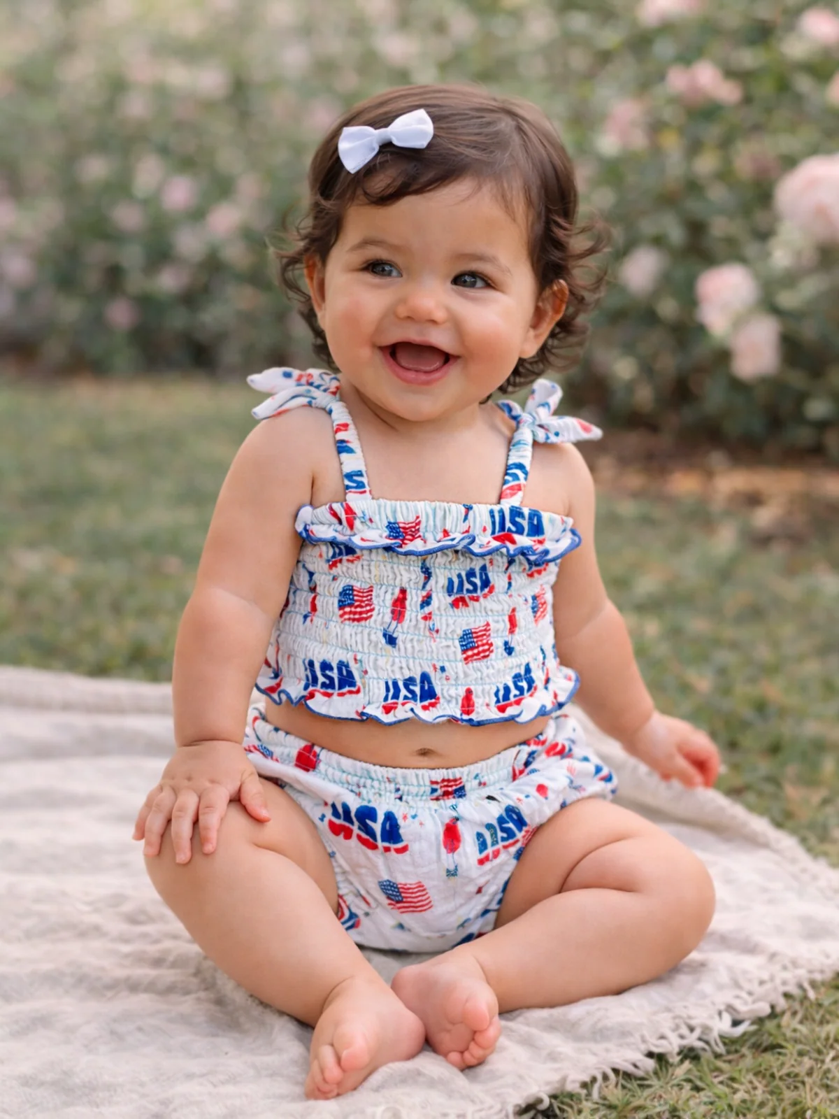 Muslin Smocked Ruffle Top & Bloomer, 4th of July Blue