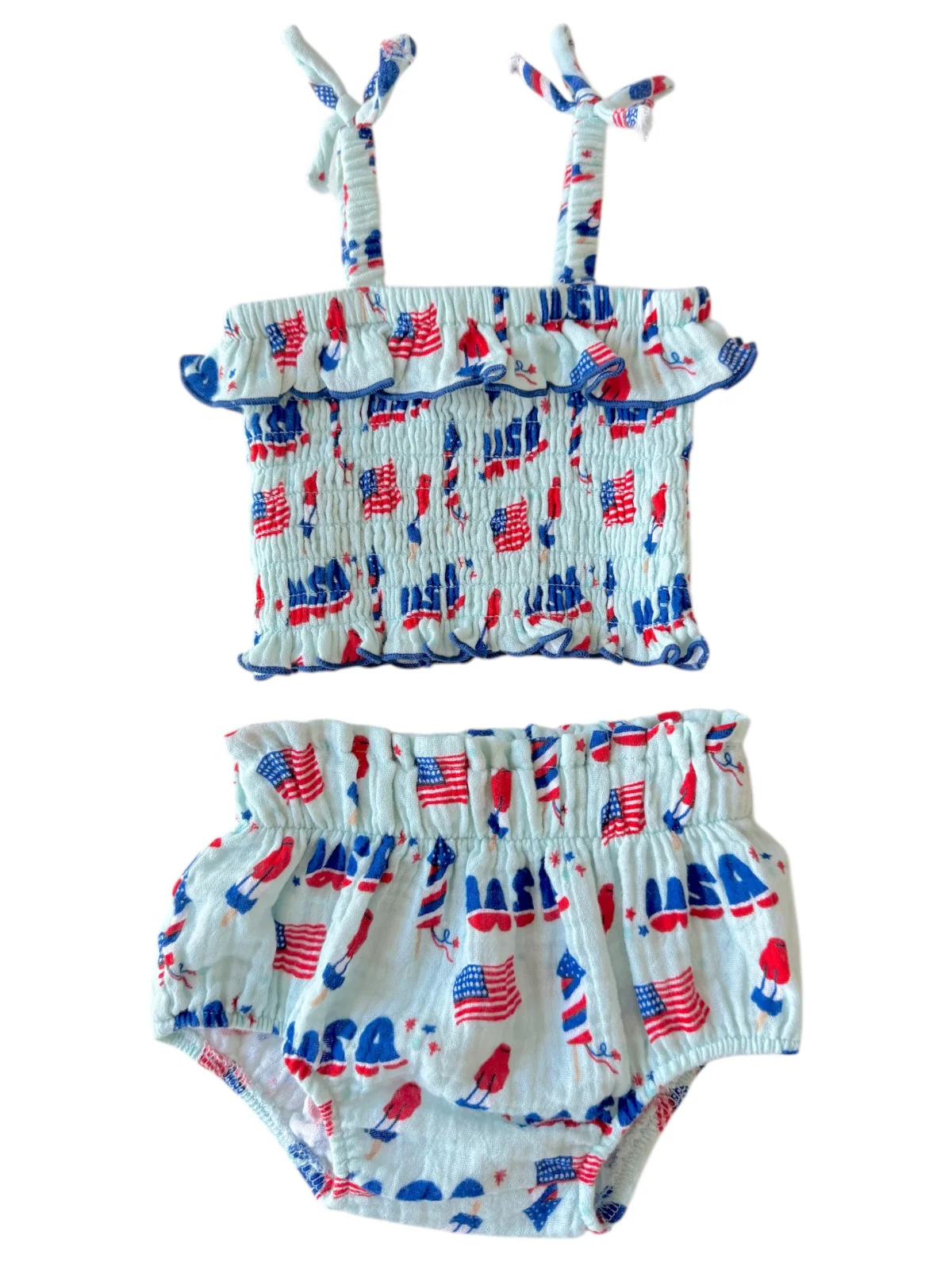 Muslin Smocked Ruffle Top & Bloomer, 4th of July Blue - Image 2