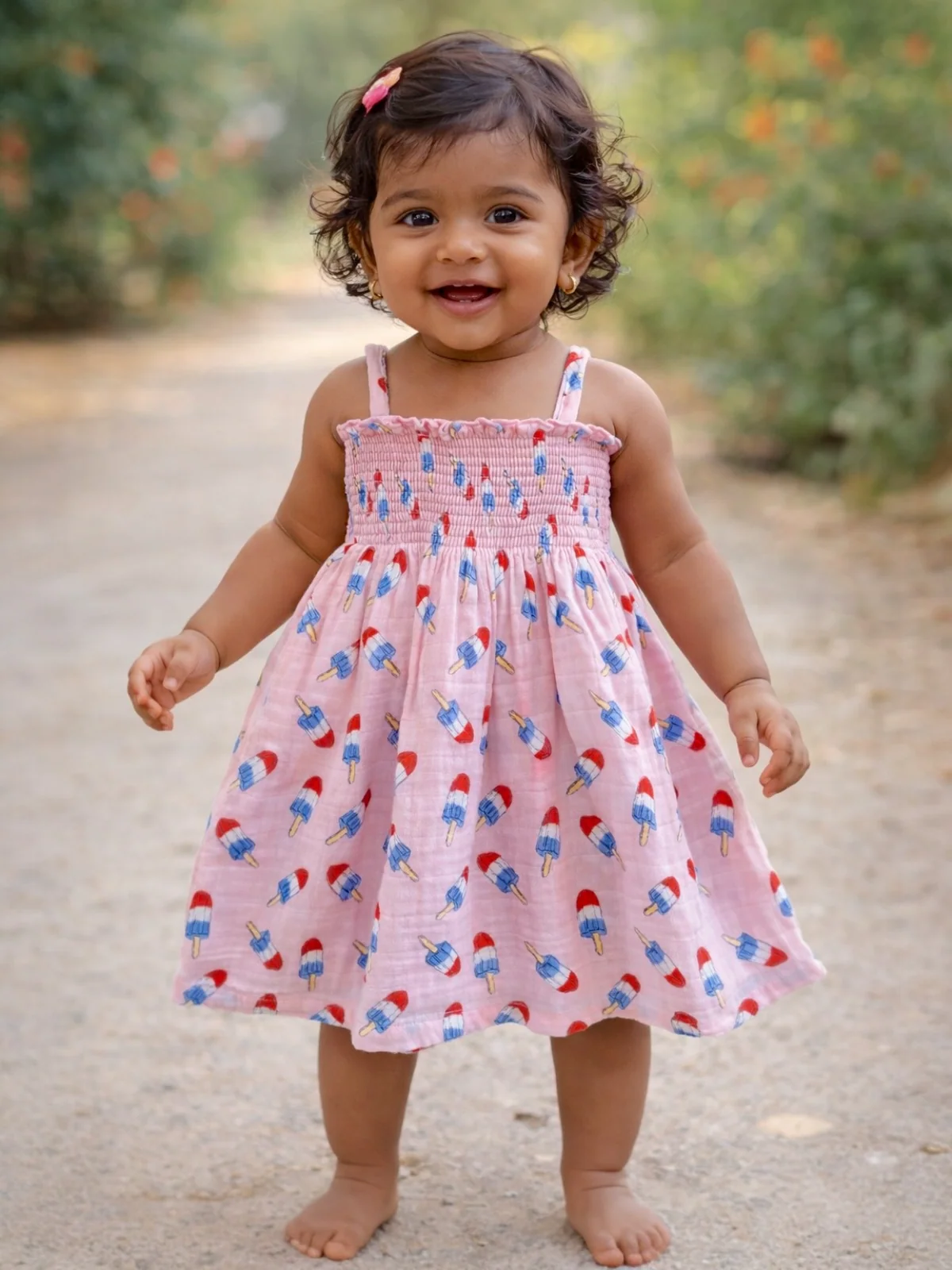Muslin Smocked Tube Dress, Pink Red, White & Blue Popsicle