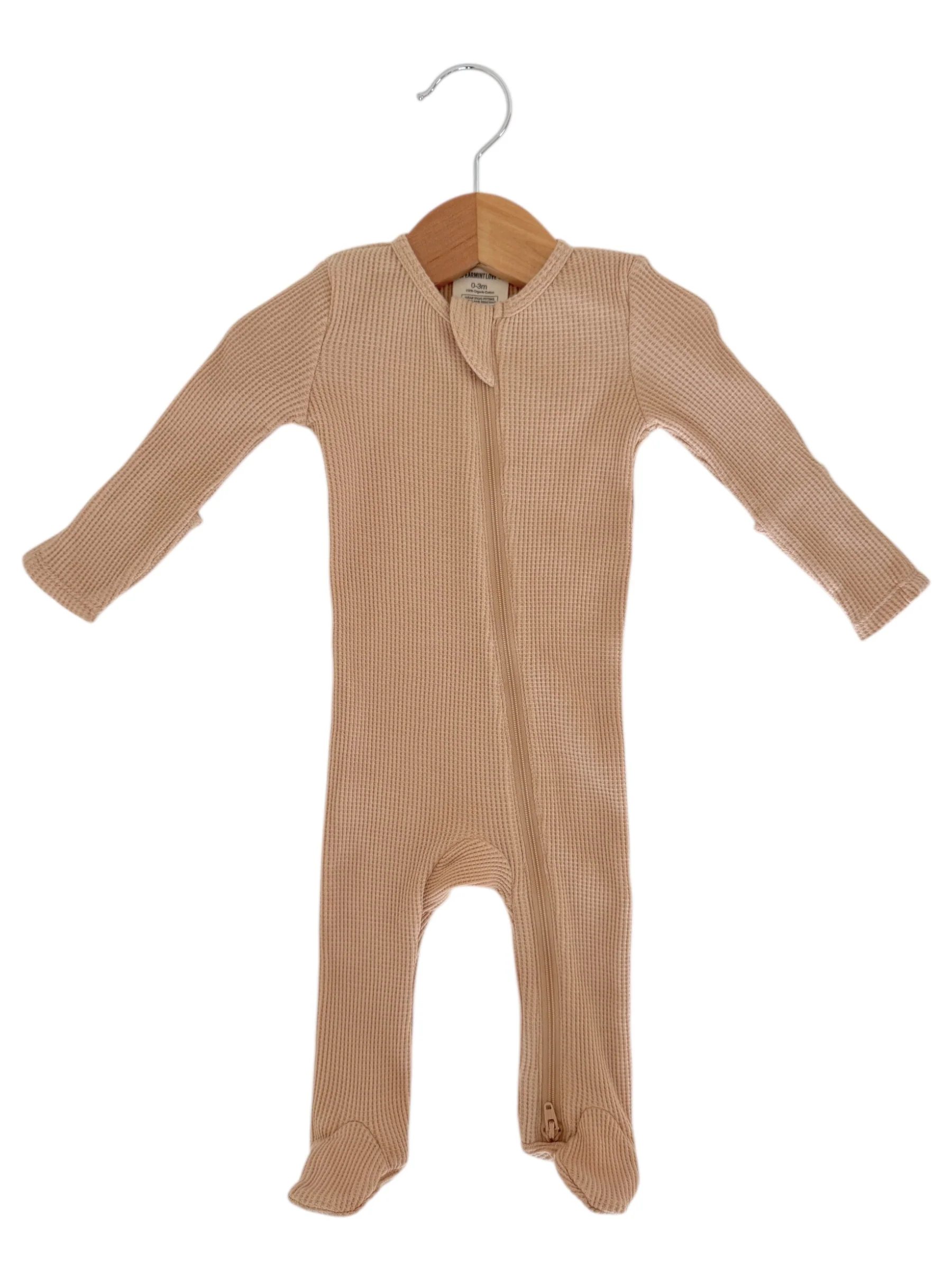 Organic Waffle 2-Way Zip Footie, Tan - Image 2