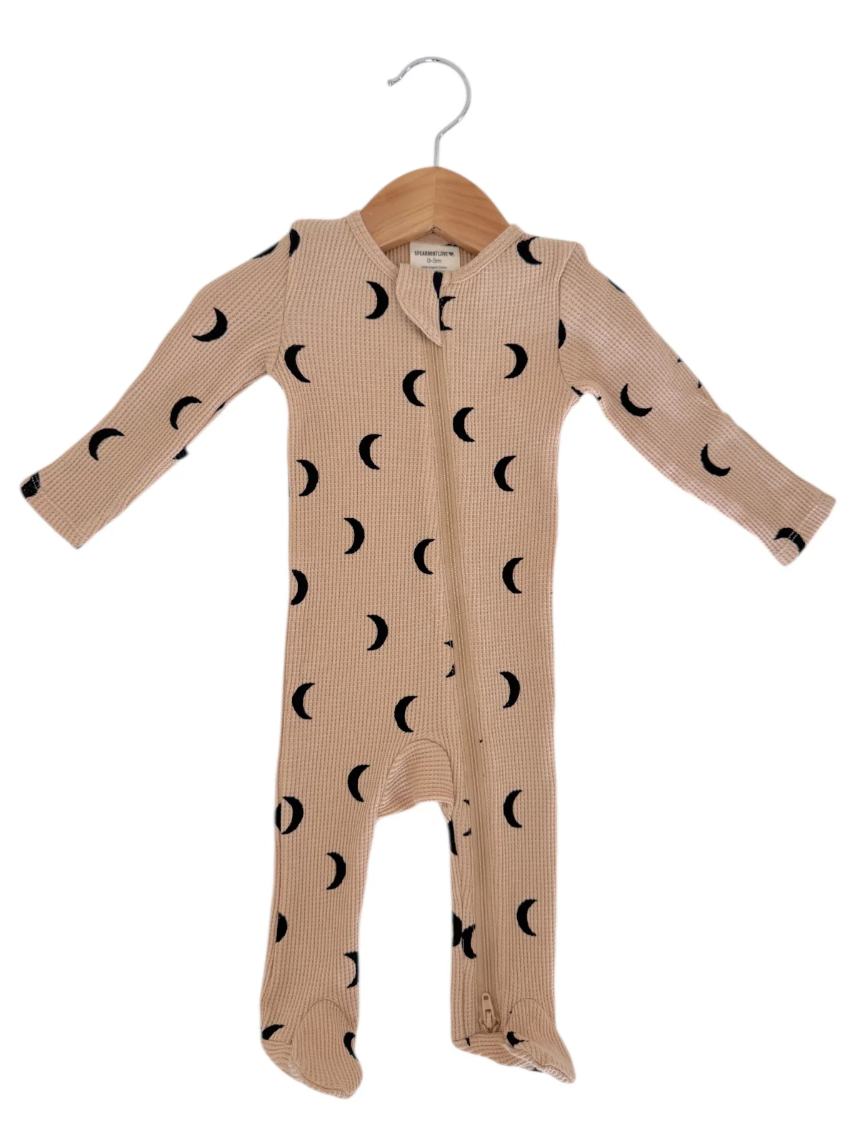 Organic Waffle 2-Way Zip Footie, Tan/Black Moon - Image 2