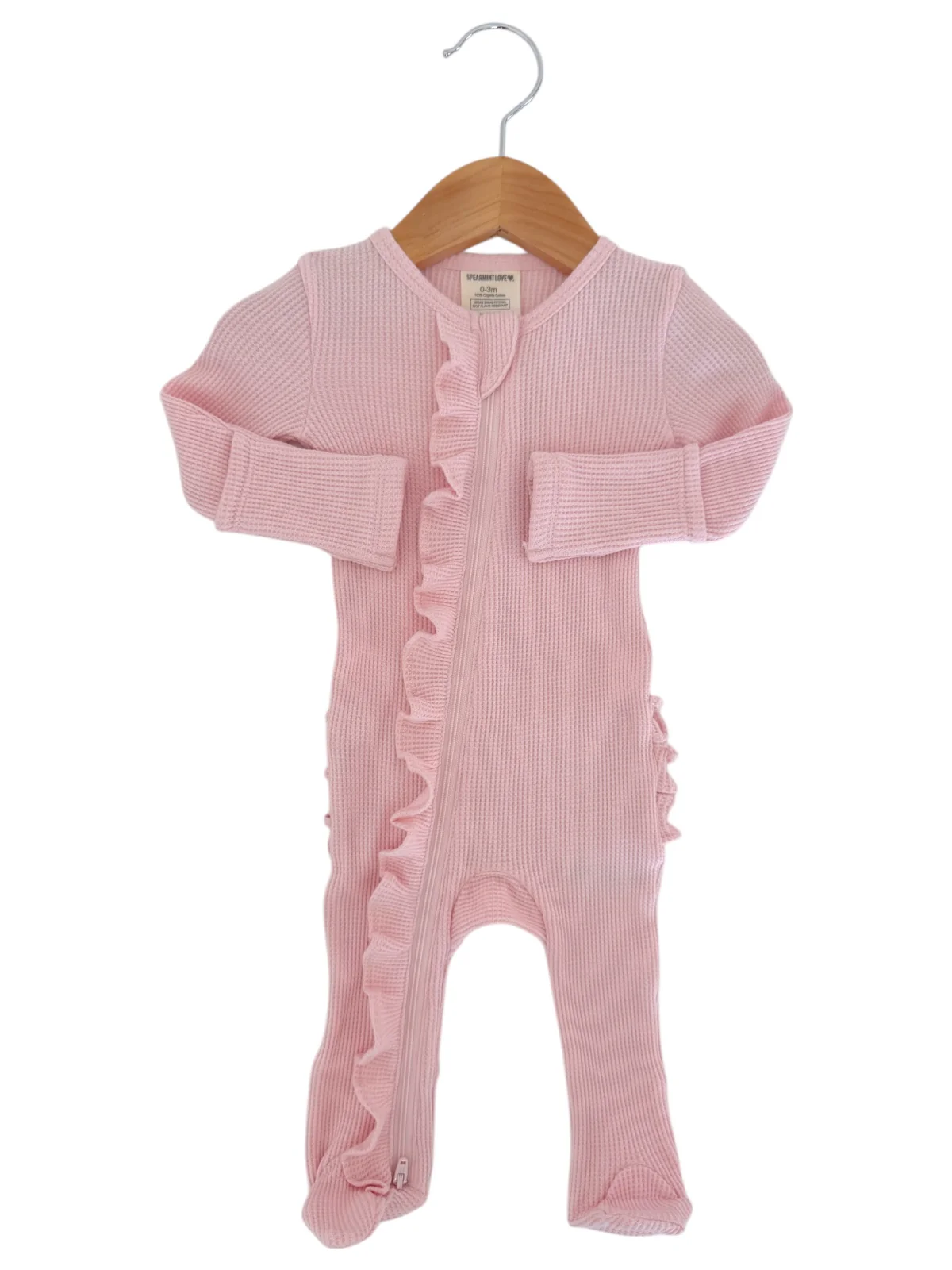Organic Waffle 2-Way Zip Ruffle Footie, Blush - Image 3