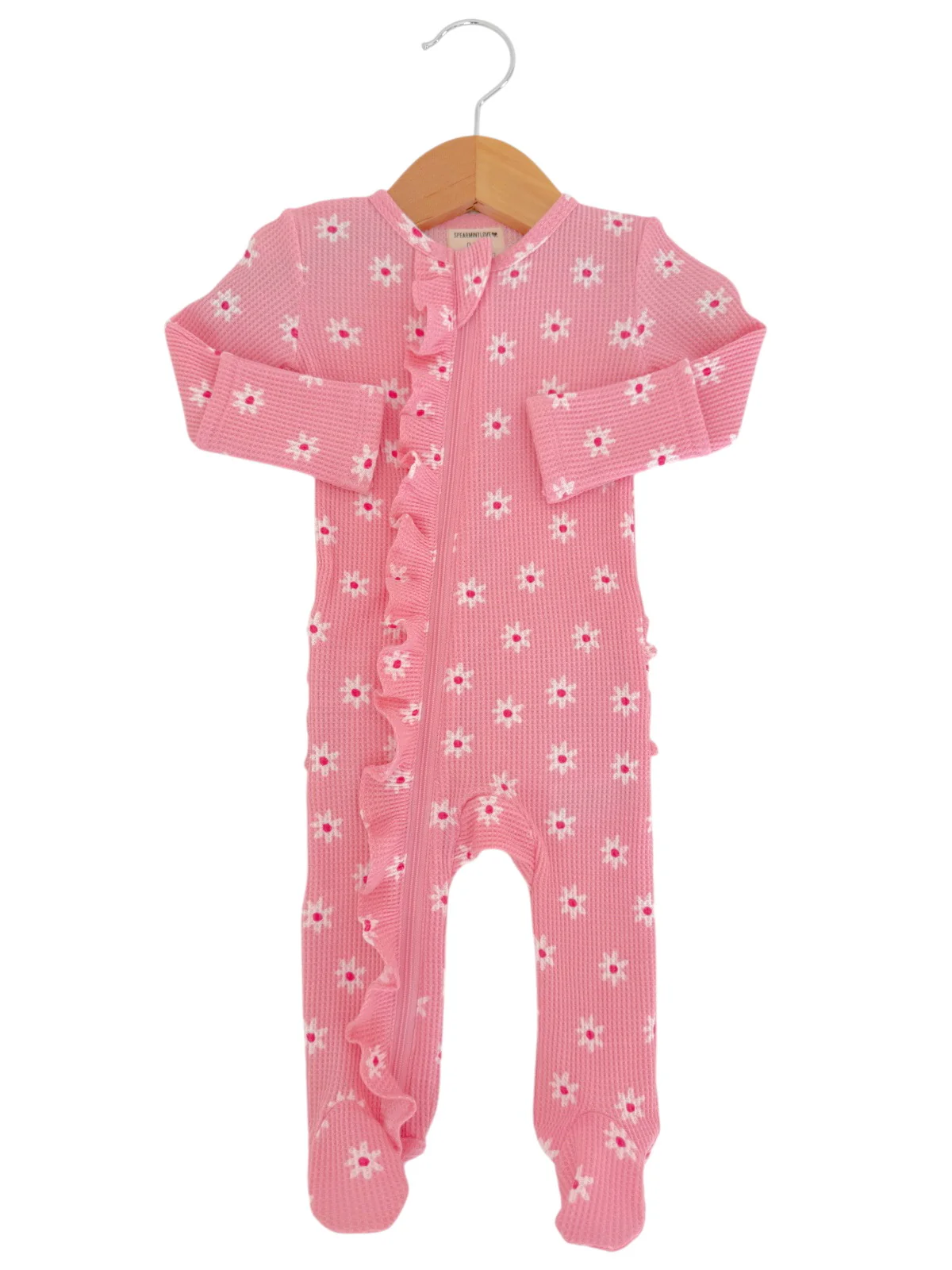 Organic Waffle 2-Way Zip Ruffle Footie, Pink Flower - Image 4