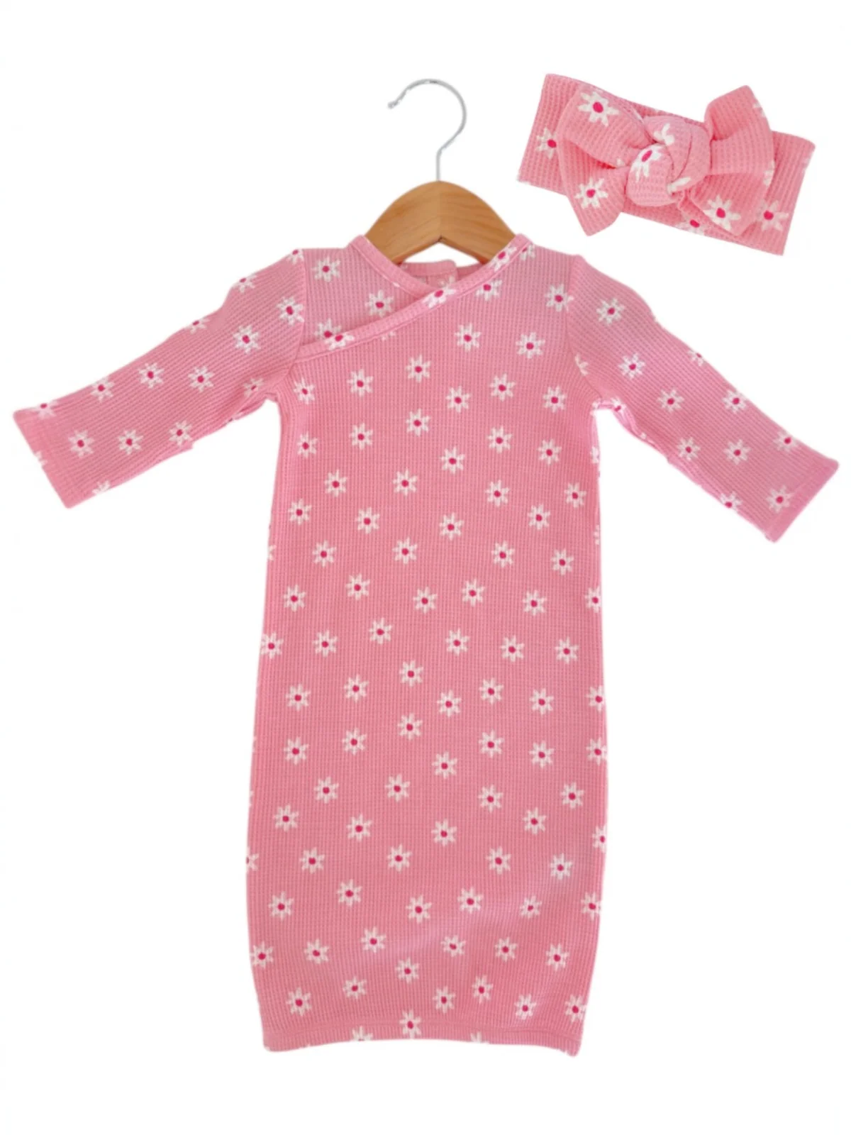 Organic Waffle Gown & Bow Set, Pink Flower