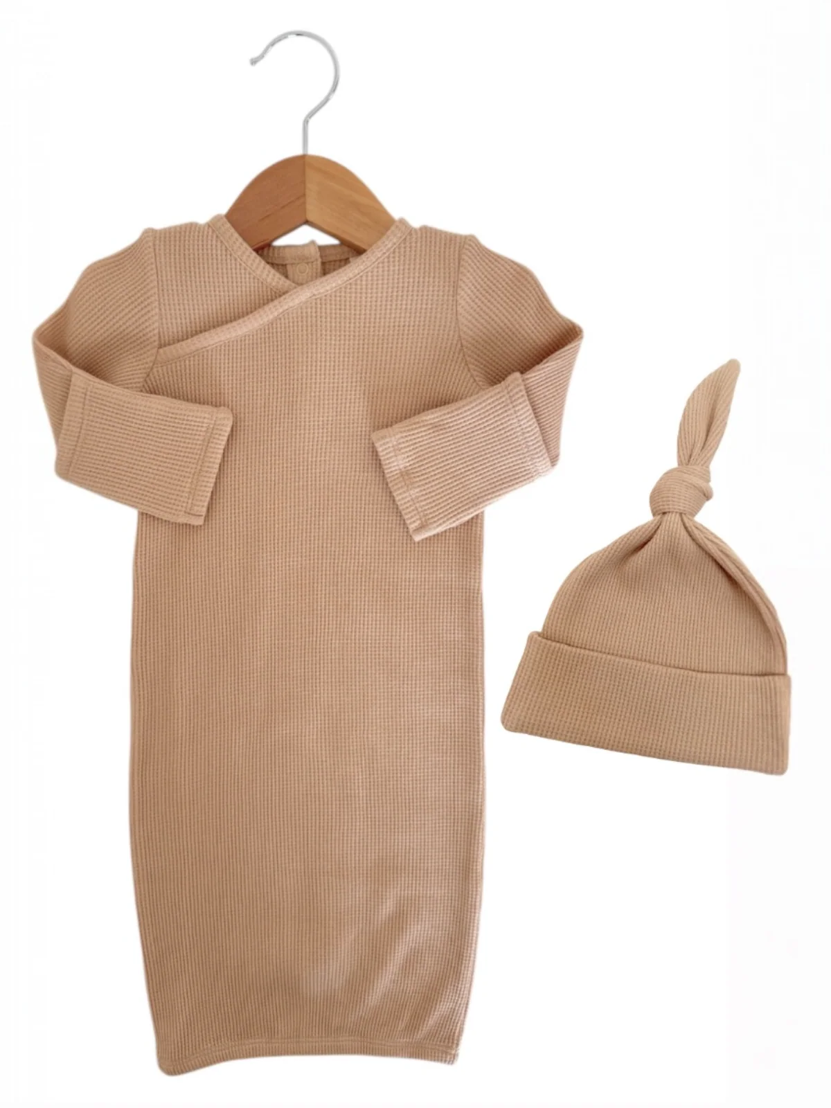 Organic Waffle Gown & Hat Set, Tan