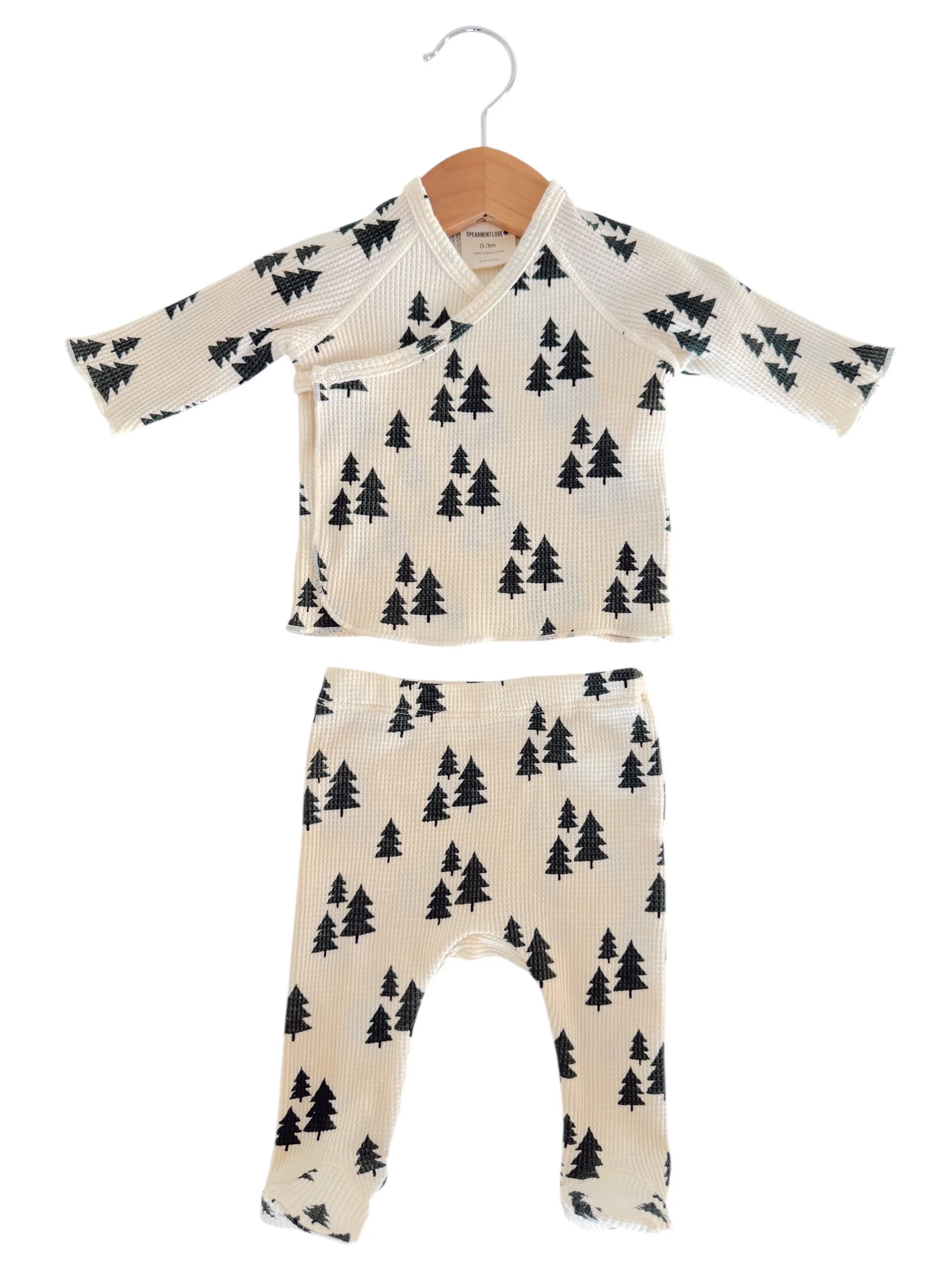 Organic Waffle Kimono & Pant Set, Forest Green Trees