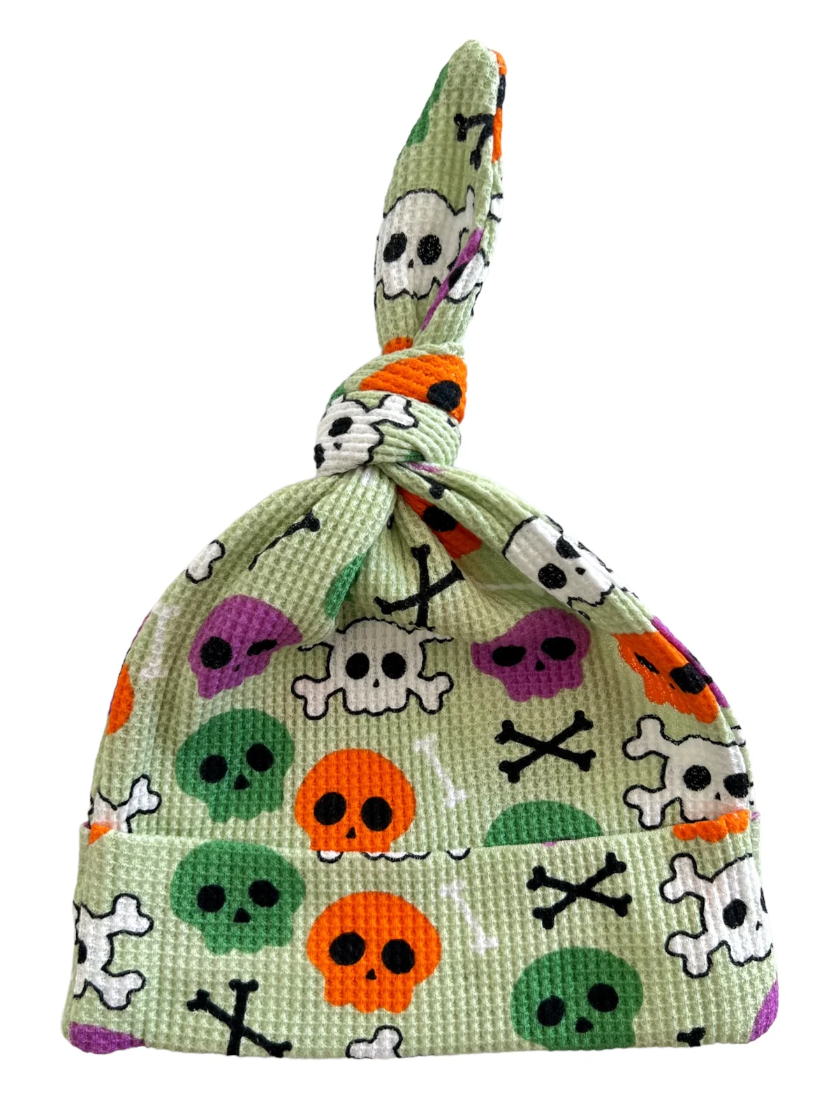 Organic Waffle Knot Beanie, Candy Skulls Green