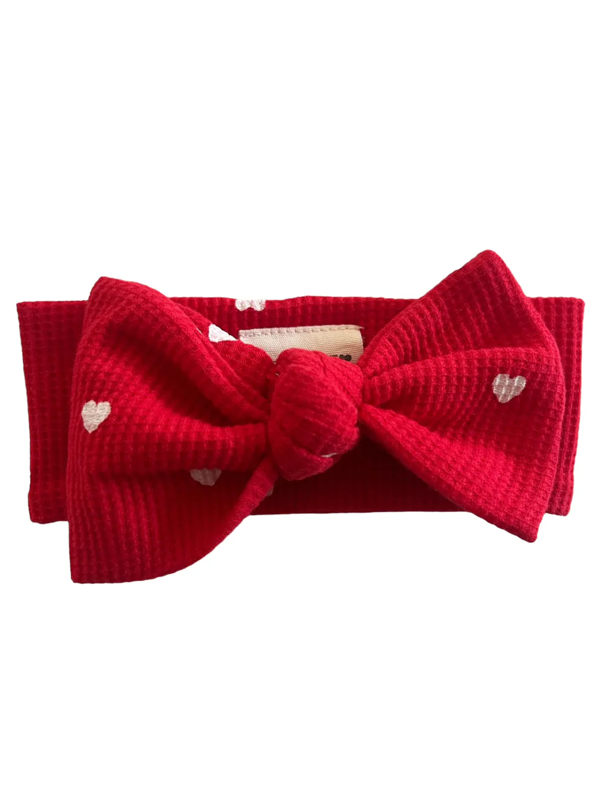Organic Waffle Knot Bow, Little White Heart (on Red) - Image 2