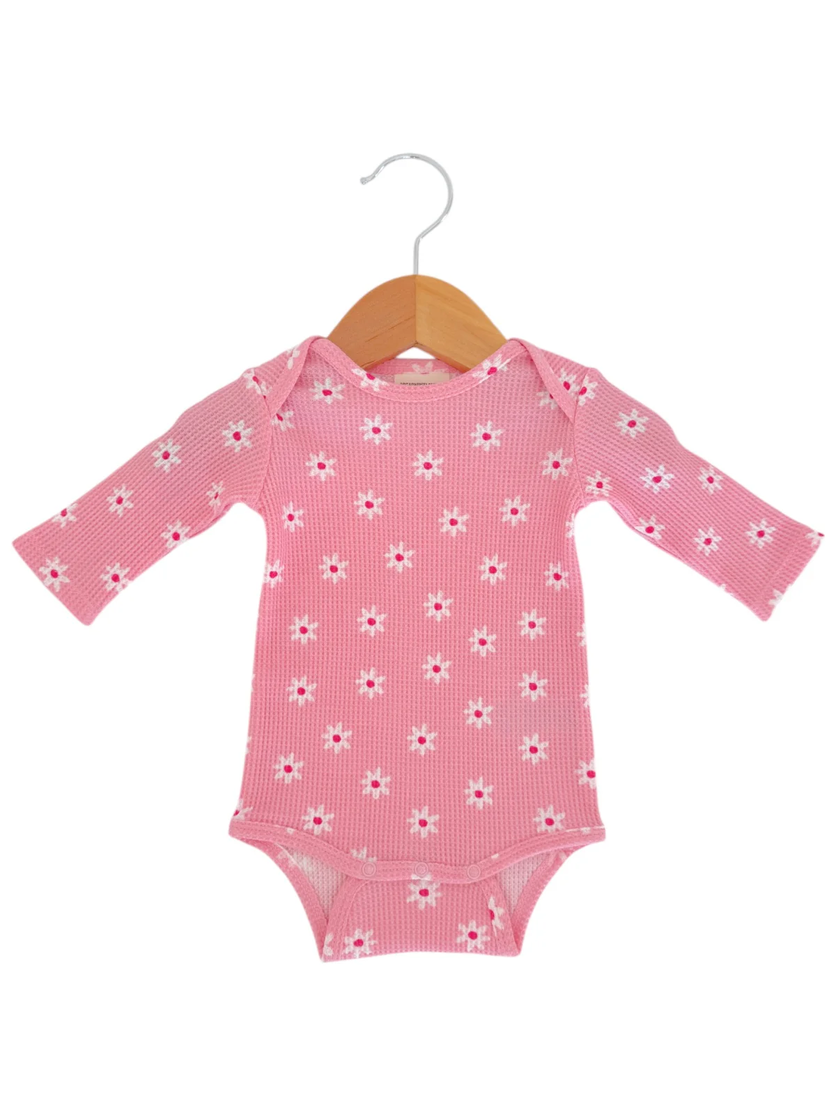 Organic Waffle Long Sleeve Bodysuit, Pink Flower - Image 2