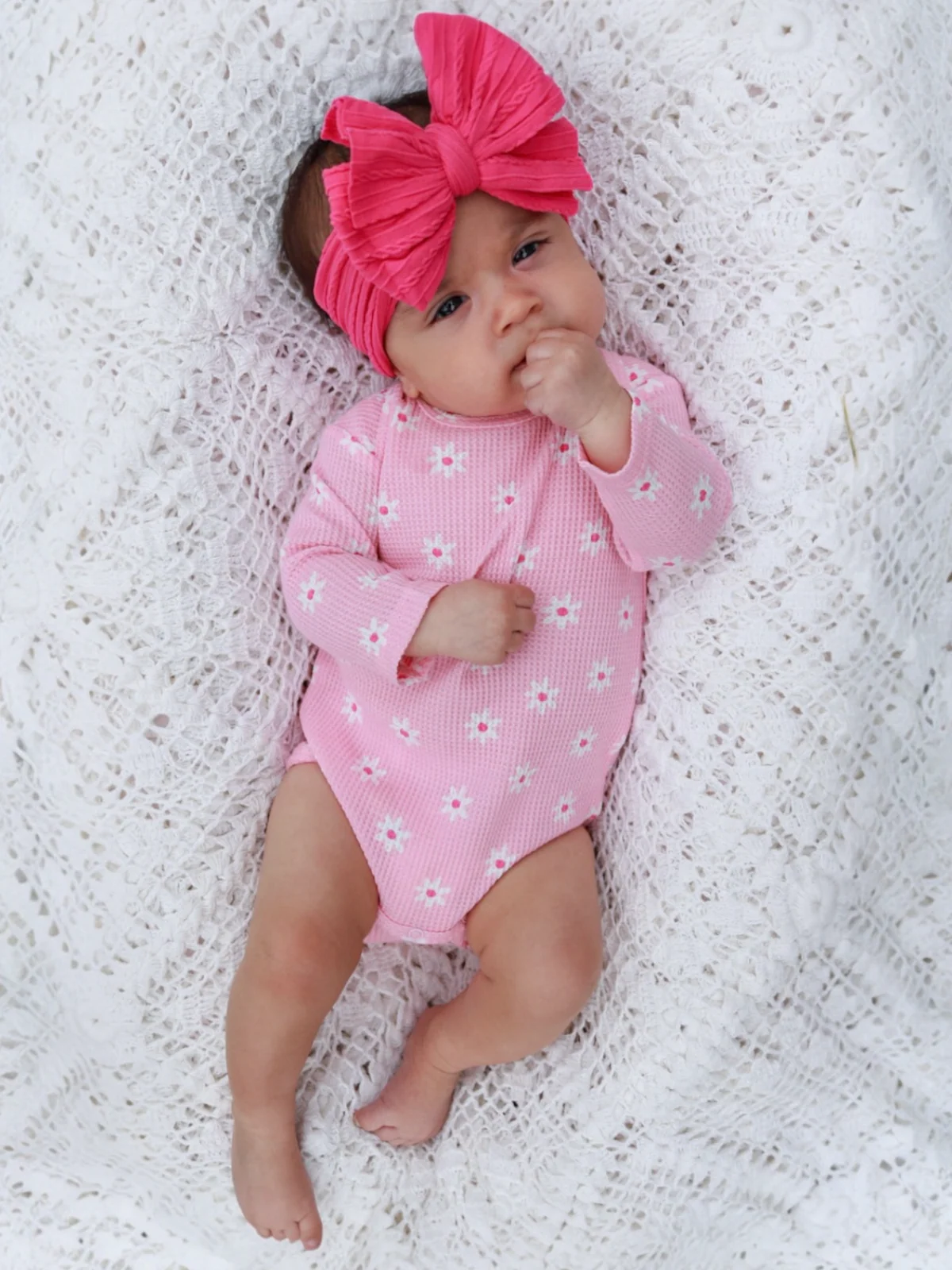 Organic Waffle Long Sleeve Bodysuit, Pink Flower - Image 4