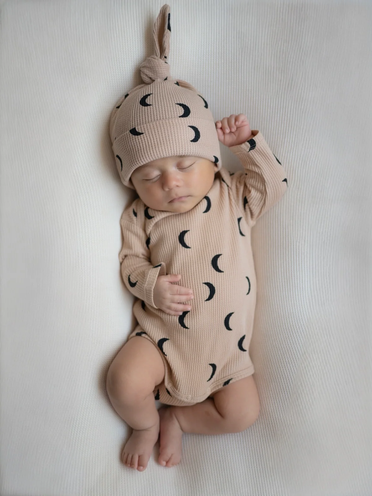 Organic Waffle Long Sleeve Bodysuit, Tan/Black Moon